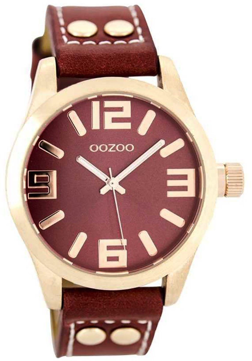 OOZOO Quarzuhr Oozoo Armbanduhr Damen rosegold, Damenuhr rund, groß (ca.  41mm) Lederarmband, Fashion-Style, Glitzerndes Ziffernblatt | Quarzuhren