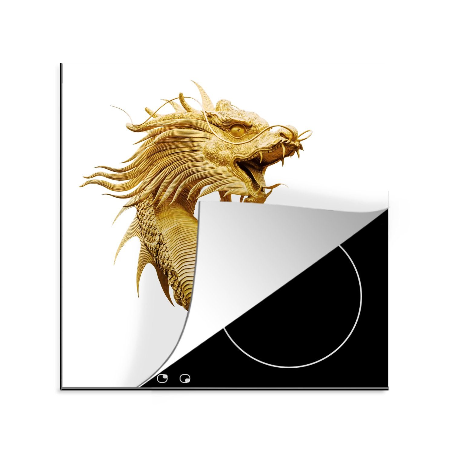 MuchoWow Herdblende-/Abdeckplatte Goldene Statue eines chinesischen Drachens, Vinyl, (1 tlg), 78x78 cm, Ceranfeldabdeckung, Arbeitsplatte für küche
