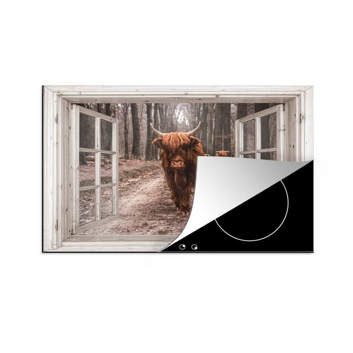 MuchoWow Herdblende-/Abdeckplatte Ansicht - Schottischer Highlander - Fenster Vinyl (1 tlg) induktionskochfeld Schutz für die küche Ceranfeldabdeckung