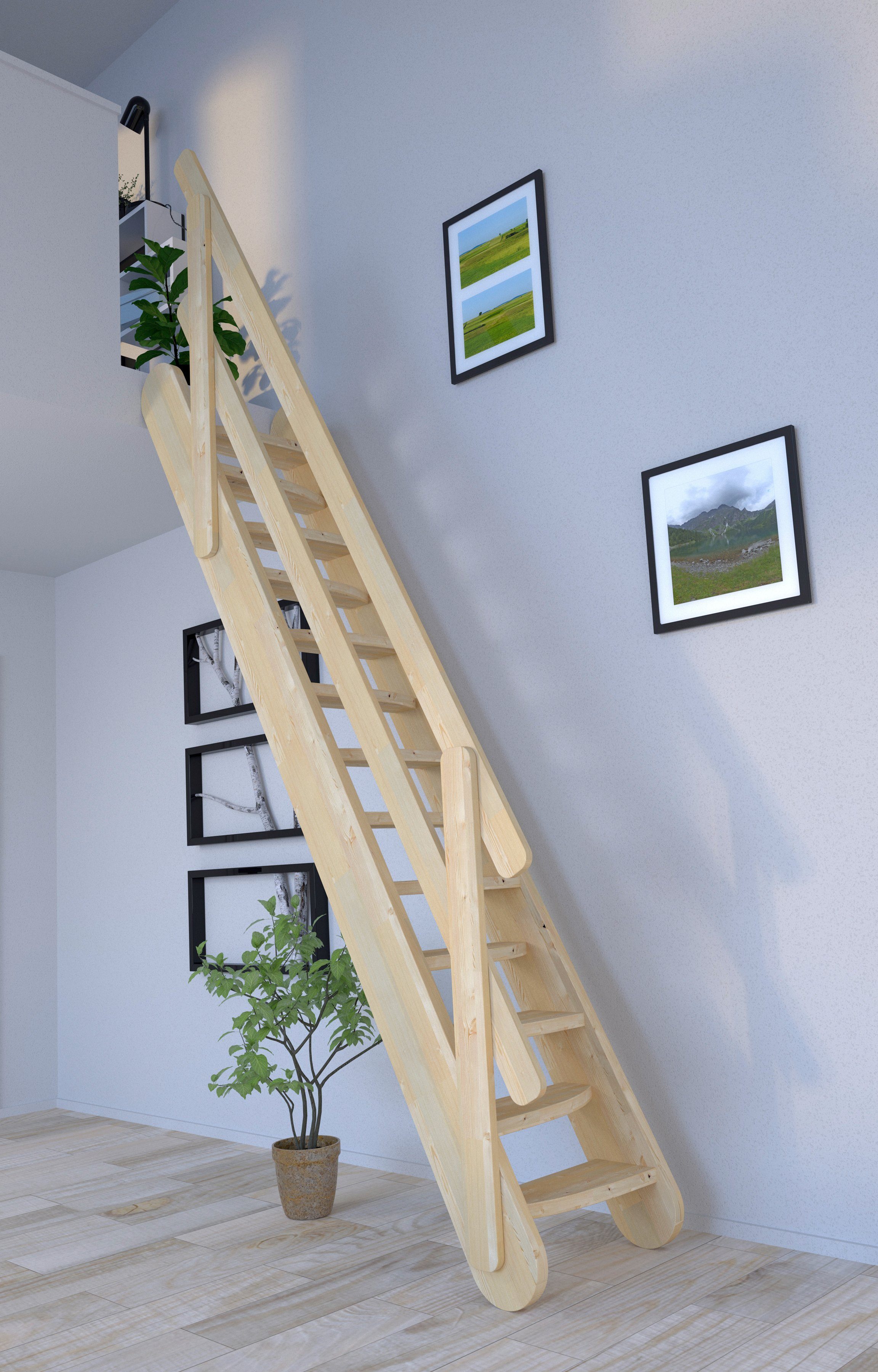 Starwood Raumspartreppe Massivholz Samos, offen, Stufen mit Durchgehende Wangenteile Holzgeländer