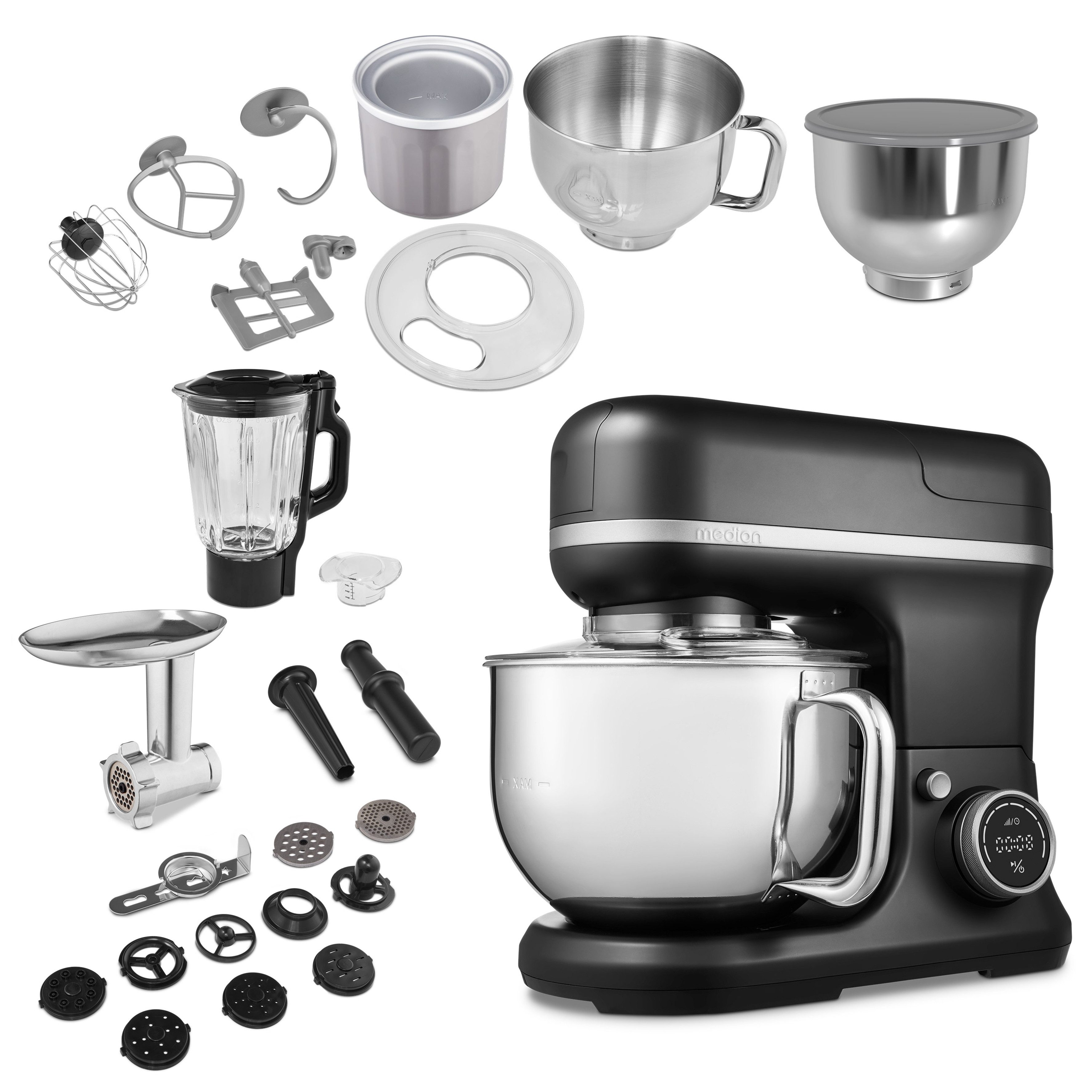 Medion® Küchenmaschine MD 18442 8 Geschwindigkeitsstufen, schwarz, 1200 W, 5 l Schüssel, Umfangreiches Zubehör-Set inkl. Eisschüssel für Speiseeiszubereitung