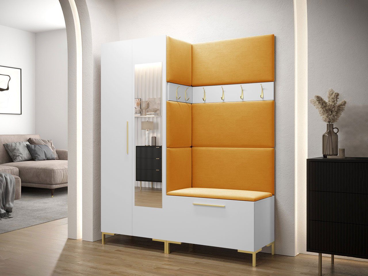 MIRJAN24 Garderoben-Set Zilion IX, (Komplett-Set, Schrank mit Spiegel, 2x Kleiderhaken, Paneel 3x 42x42, 4x 84x42), Auswahl aus Fronten und Polsterplatten