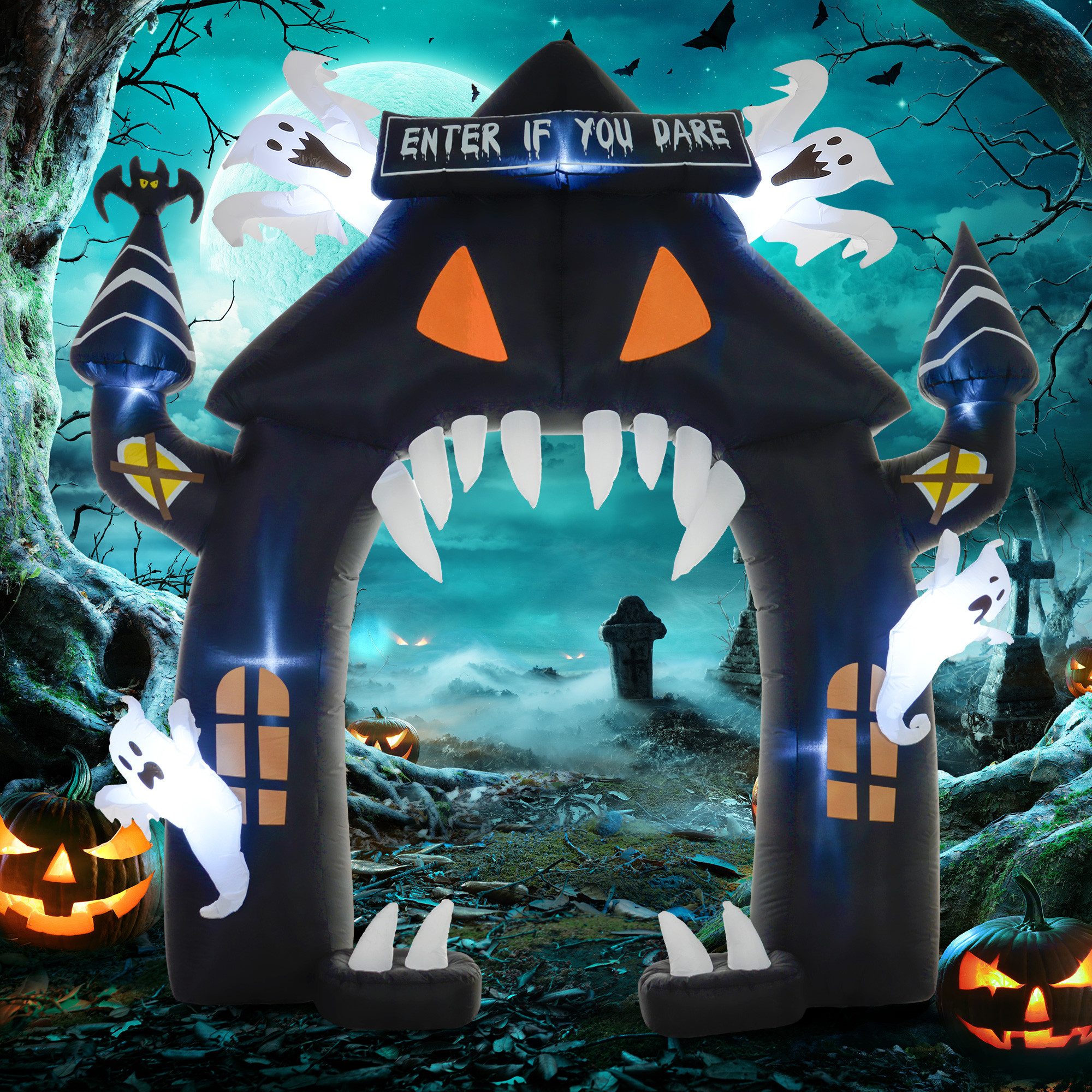 Outsunny Dekofigur 300 cm Große Halloween-Deko mit LED-Beleuchtung (Halloween Dekoration, 1 St., aufblasbarer Bogen), Partydekoration für Innen- & Außenbereiche