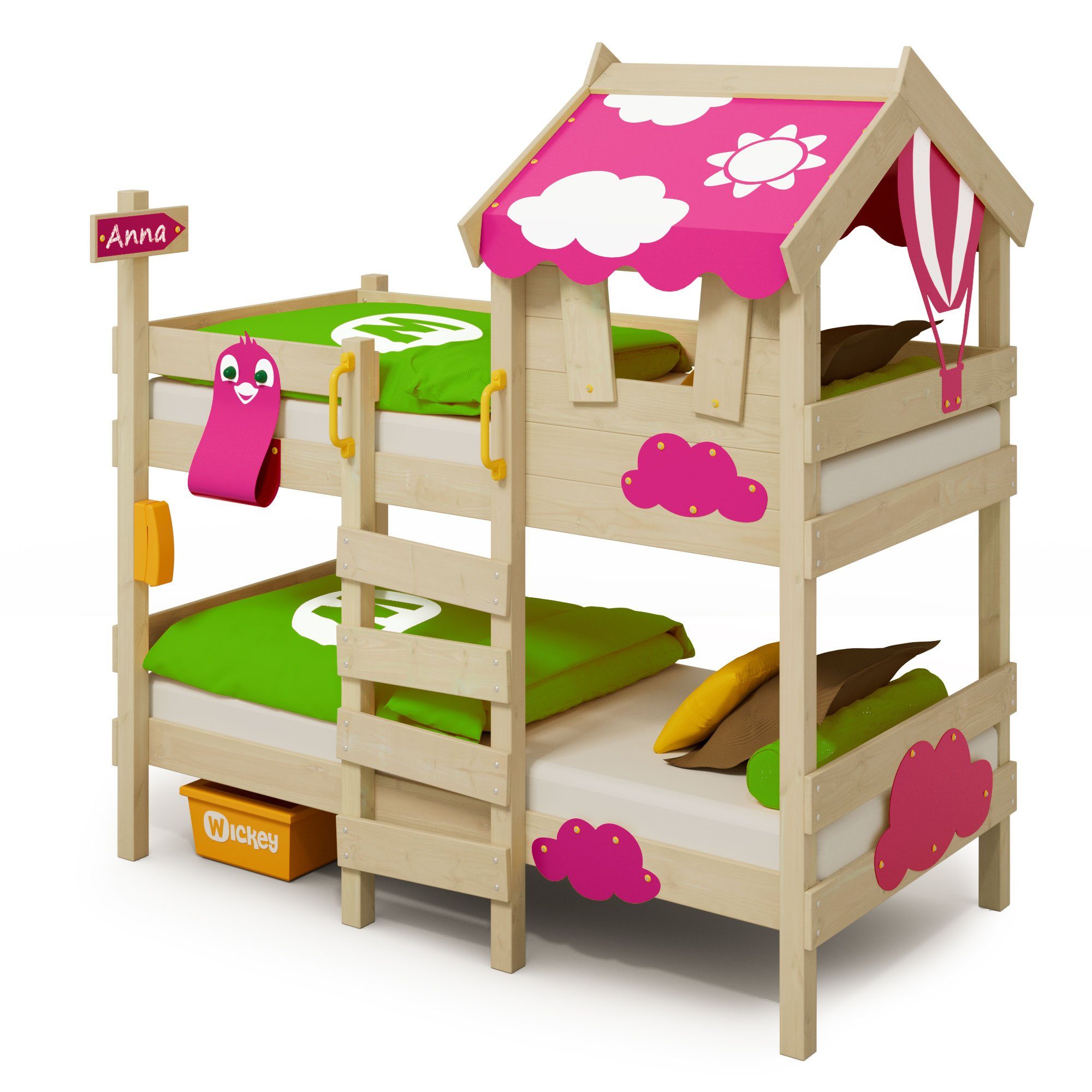 Wickey Kinderbett Crazy Daisy - Hochbett, Spielbett 90 x 200 cm (Holzpaket aus Pfosten und Brettern, Etagenbett mit Kletterleiter für Kinder), Massivholz pink