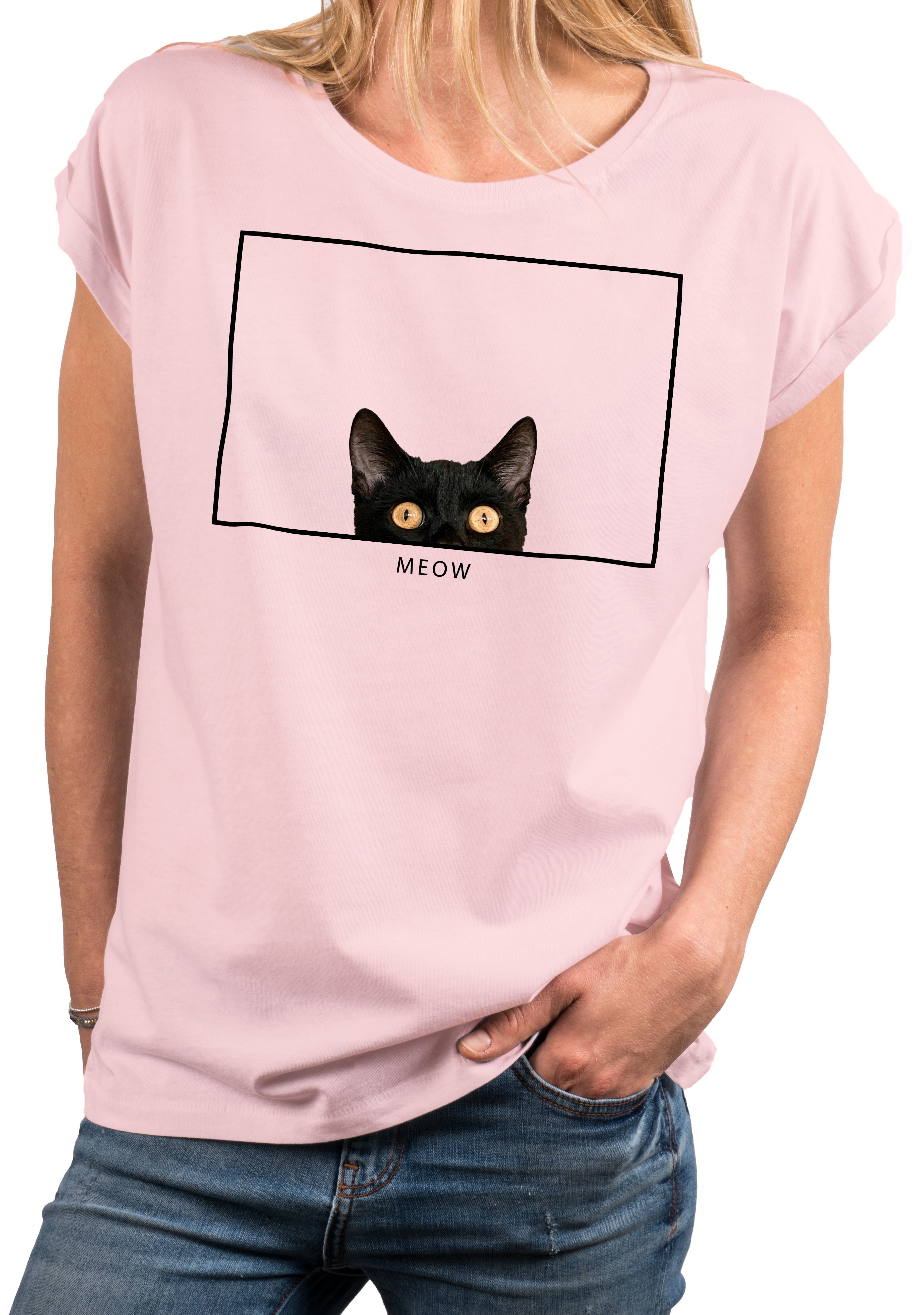 MAKAYA Print-Shirt Katzenshirt Damen Rosa Katzenfans Top Geschenke Lustige Katzen Katzenmotiv Katzenliebhaber
