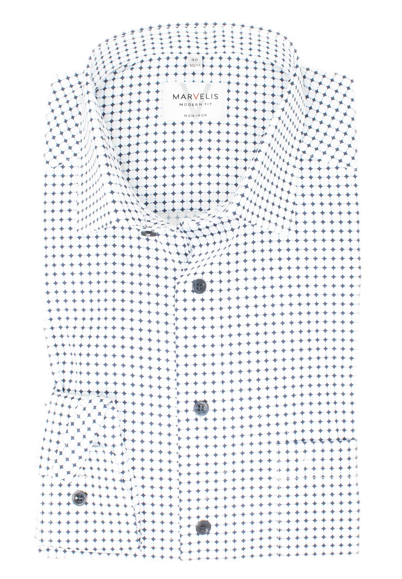 MARVELIS Businesshemd Businesshemd - Modern Fit - Langarm - Muster - Weiß/Blau