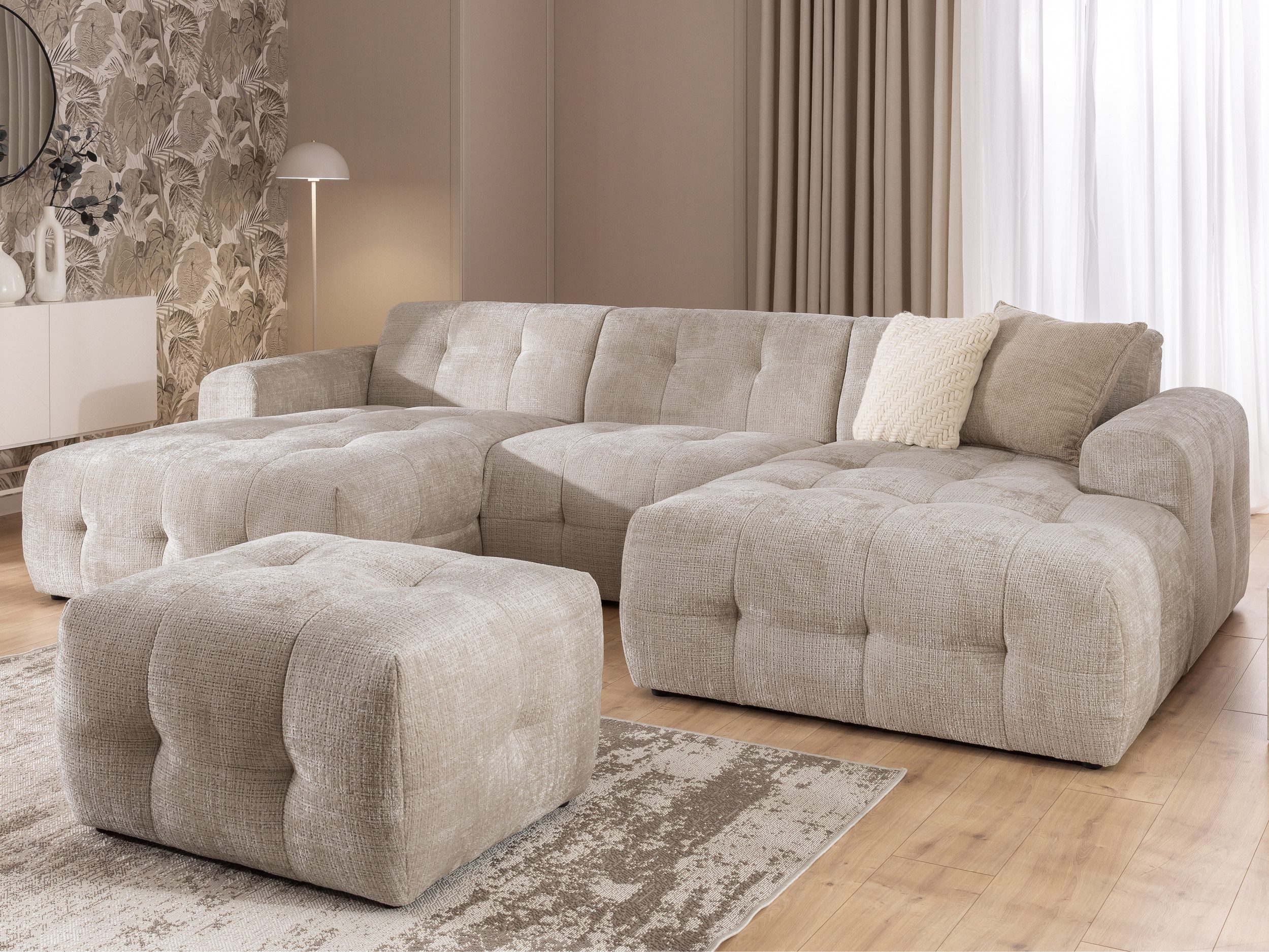 S-Style Möbel Wohnlandschaft und Hocker Kozy Bumpy-Design mit Schlaffunktion & fester Rückenlehne, aus weichem Chenille-Stoff, mit Wellenfederung