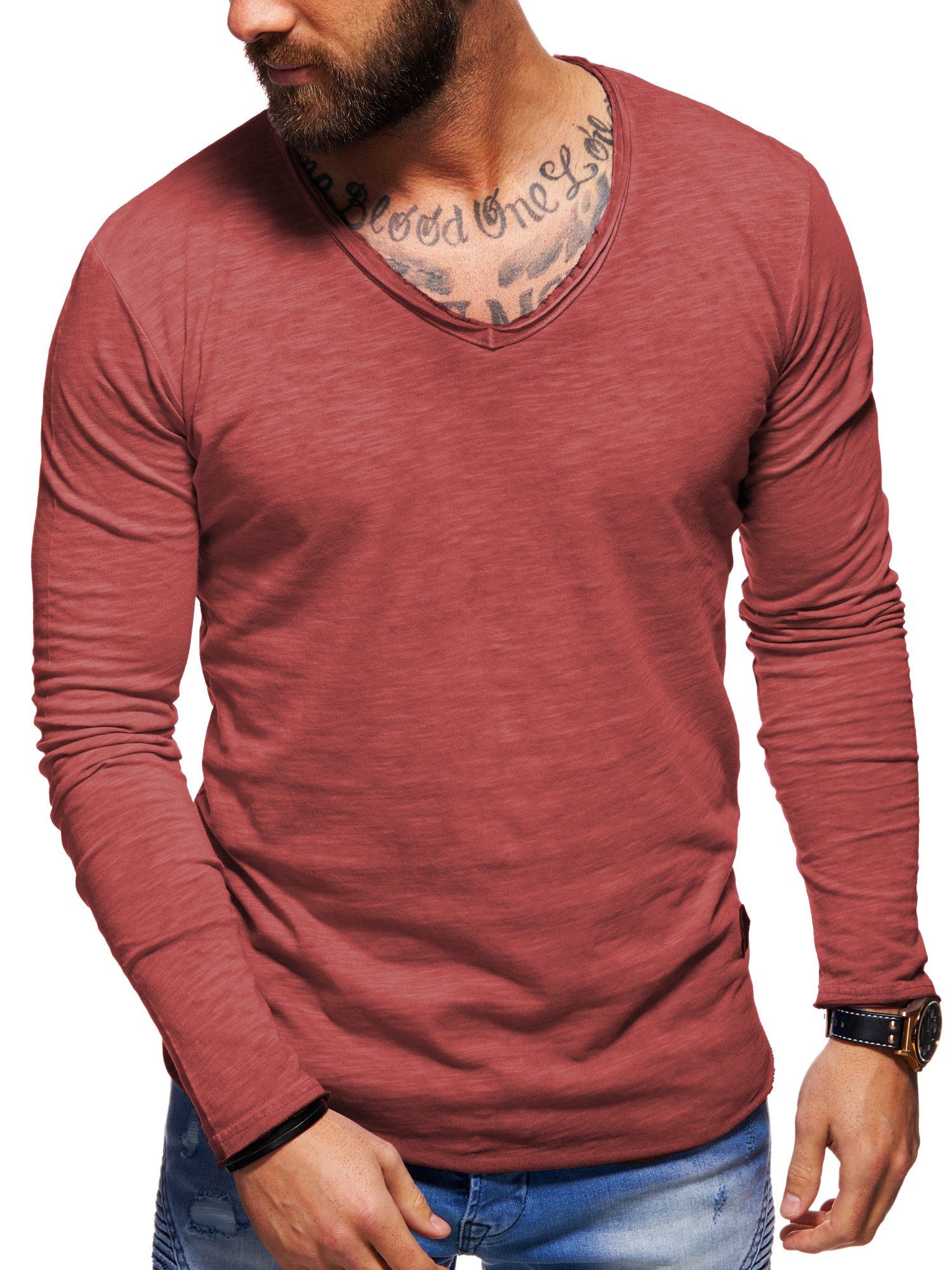 Style-Division Longsleeve SDJOLIET Basic V-Neck im Oversize-Look Weinrot-Washed