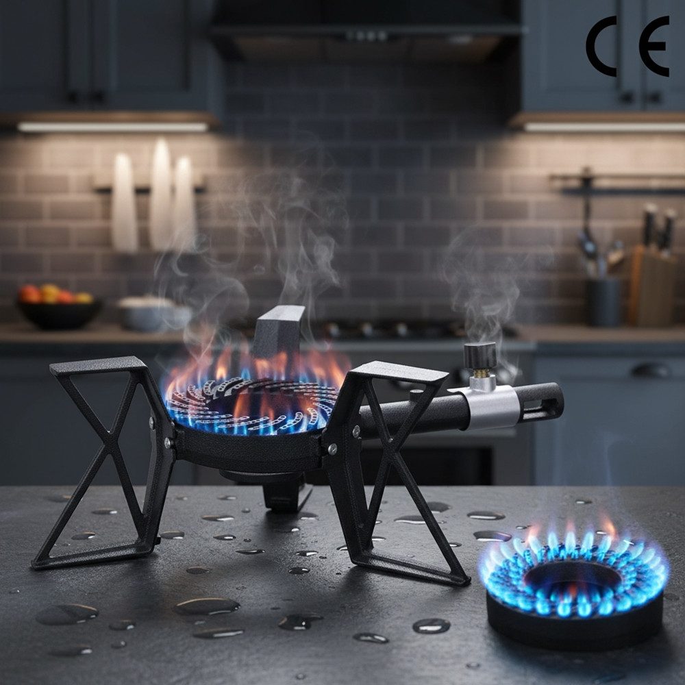 Mucola Gaskocher Hockerkocher 3 Bein Gaskocher Gasbrenner Campingkocher Gusseisen Stahl, (Einzelartikel, 1-St., Premium-Gaskocher), regulierbar