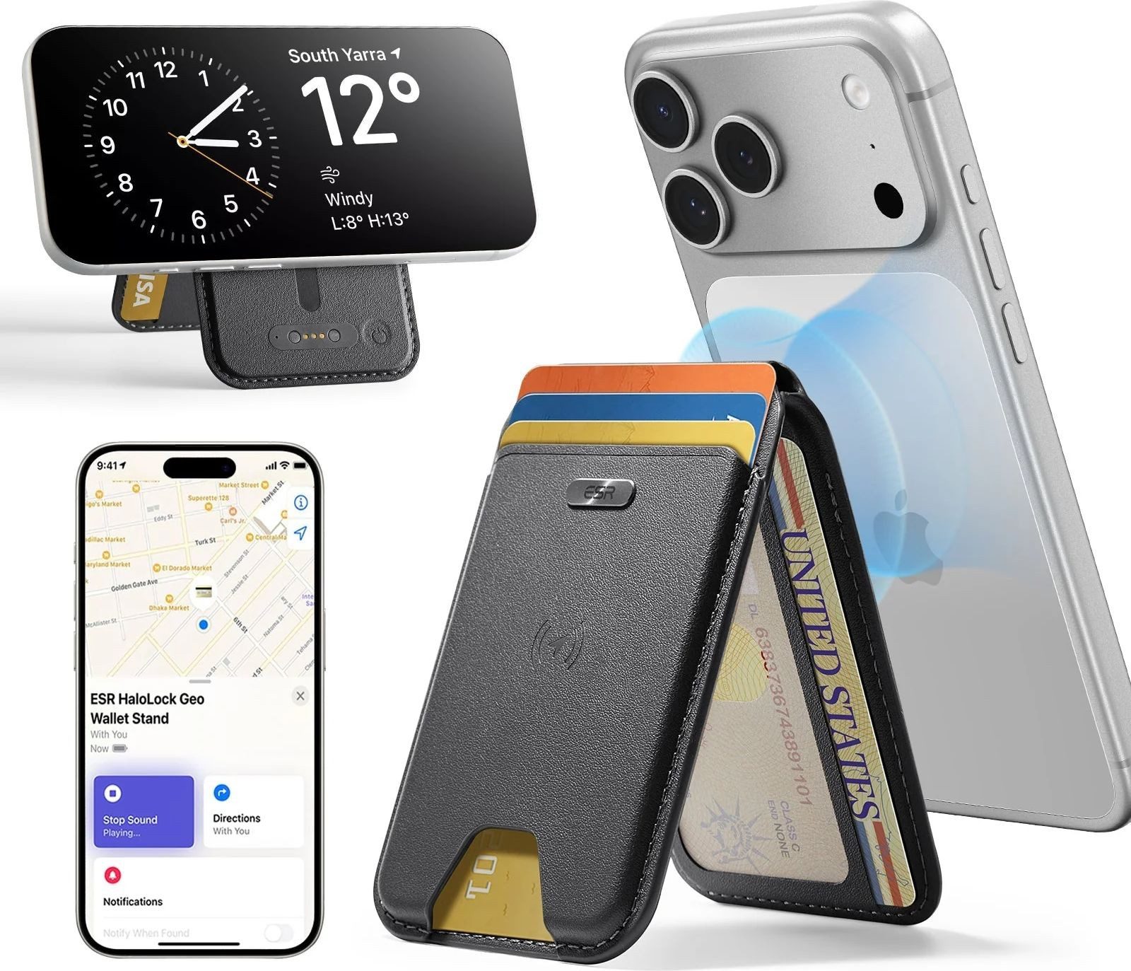 ESR Mini Geldbörse Geo Magnetic Wallet Stand für Karten (mit "Wo ist?" Funktion), 1,5 Std. Ladezeit / 6 Monate Nutzung, veganes Leder, 3,2kg Haltekraft
