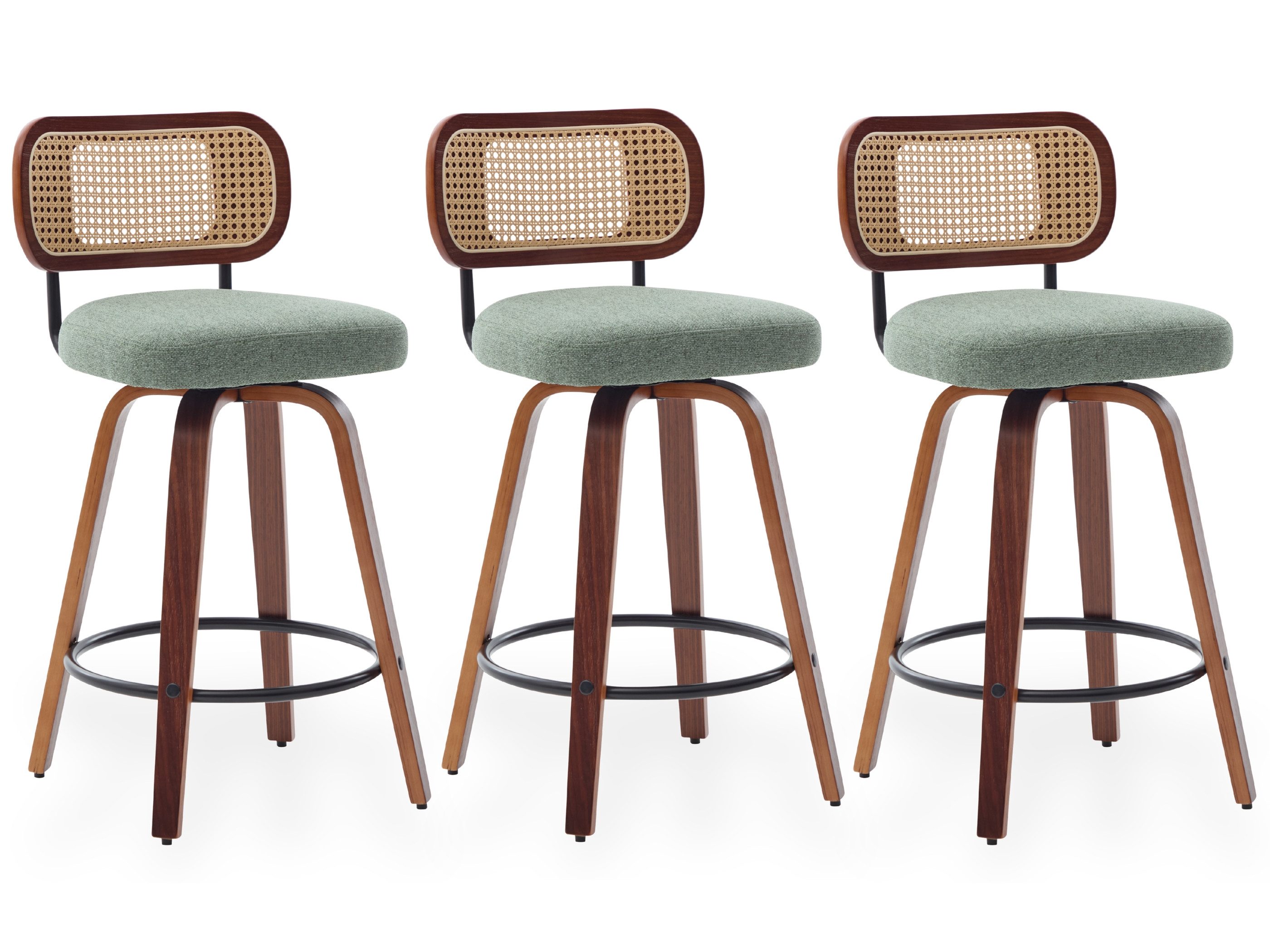 SeedWave Barhocker 3er-Set Tresenhocker mit Drehfunktion und PE-Rattanlehne (3er Set), 65 cm Sitzhöhe mit Metallfußstütze für Kücheninseln