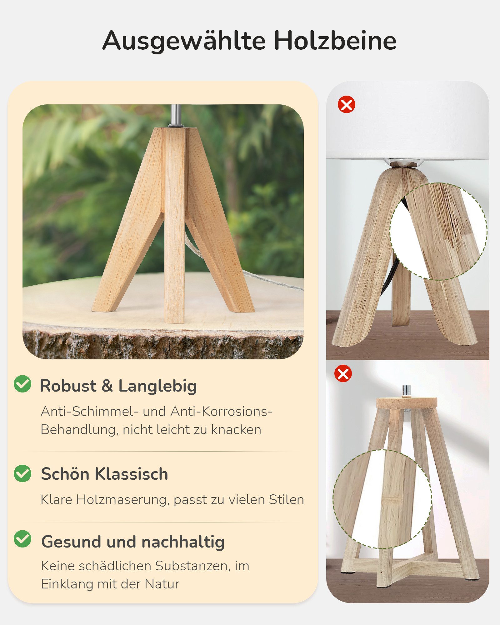 EDISHINE Nachttischlampe Vintage Tischlampe Holz mit Stoffschirm, inkl. Leuchtmittel, LED wechselbar, Warmweiß, Lampenschirm aus Leinen, für Deko, Schlafzimmer, Wohnzimmer