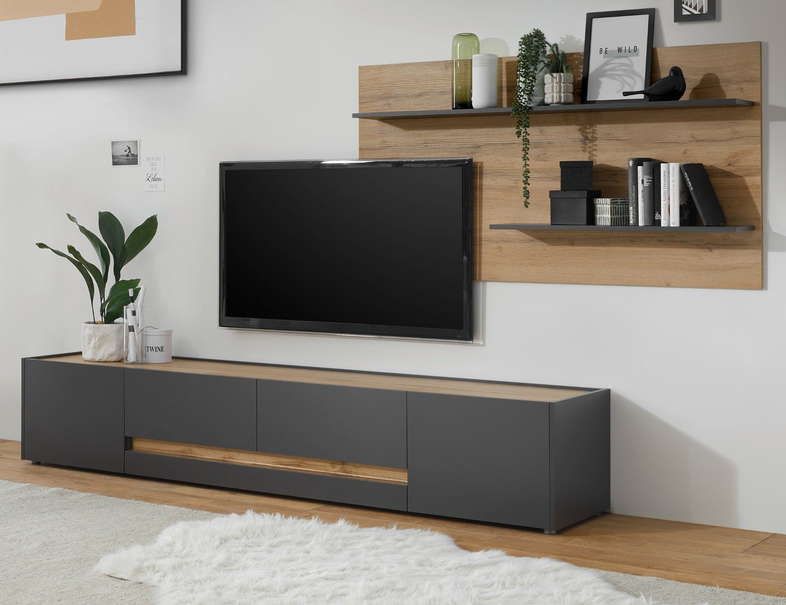Furn.Design Wohnwand Center, (Set mit TV Lowboard und Wandregal), Lösung für große TV-Geräte, Breite 300 cm
