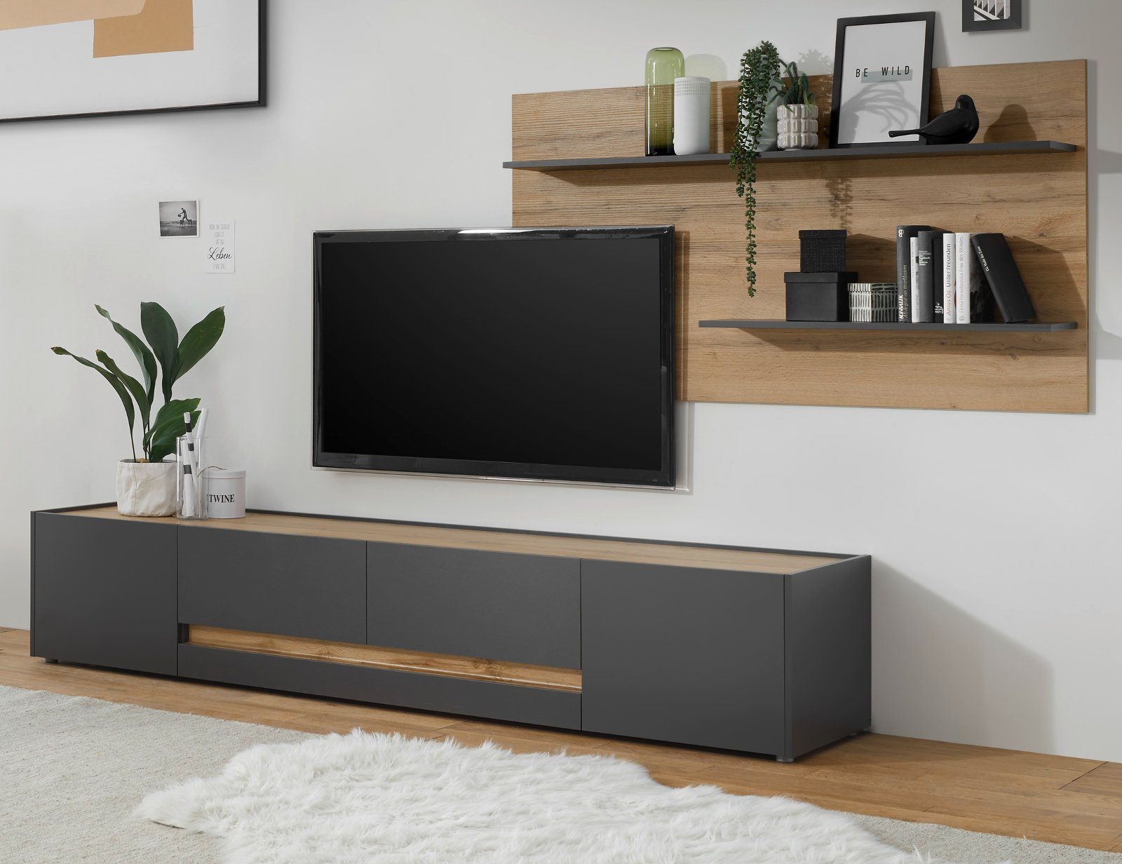Furn.Design Wohnwand Center, (in grau mit Wotan Eiche, 2-teilig), mit großem TV Lowboard