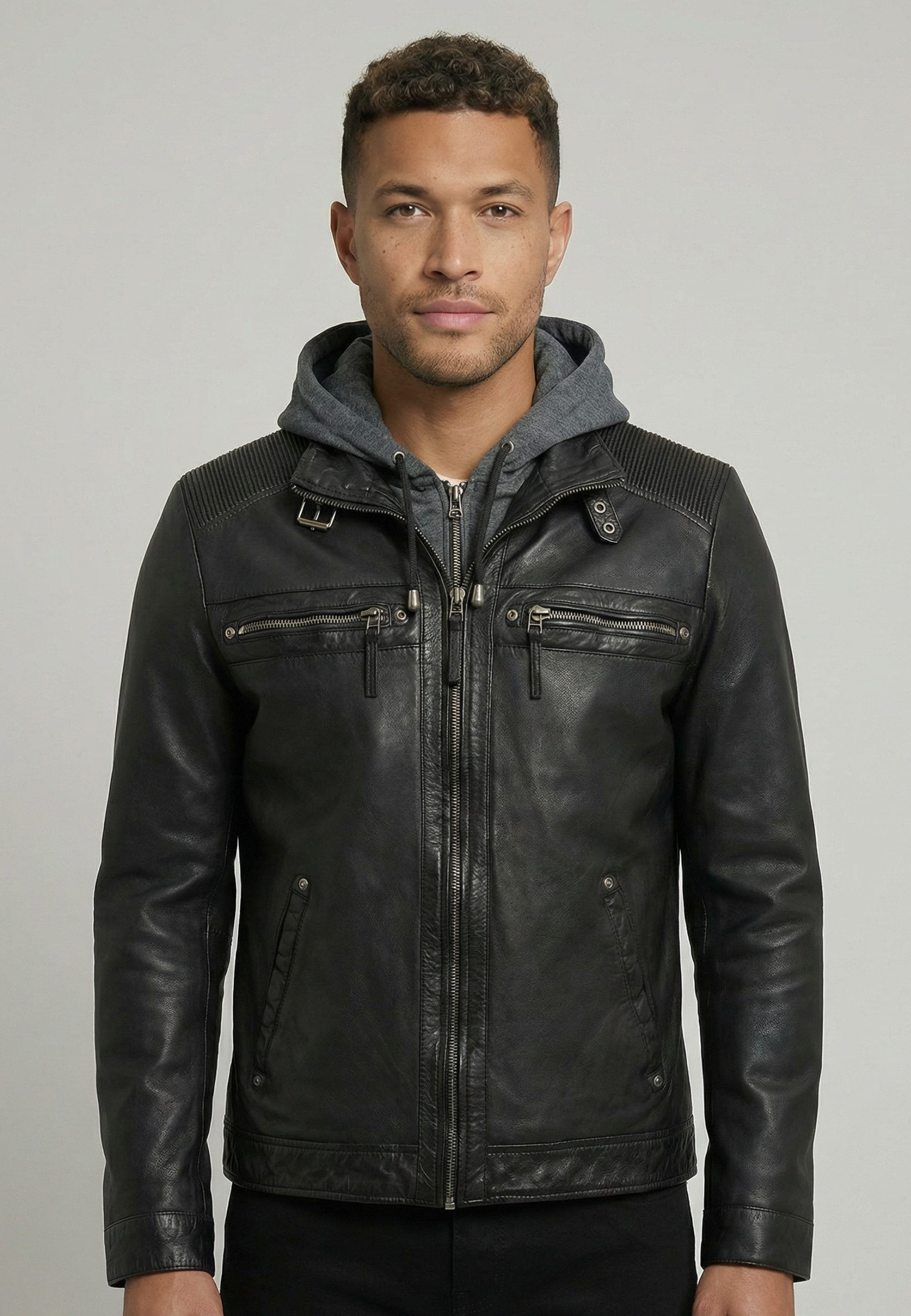 RICANO Lederjacke Nate Lederjacke mit abnehmbarer Kaputze und Kordelzug