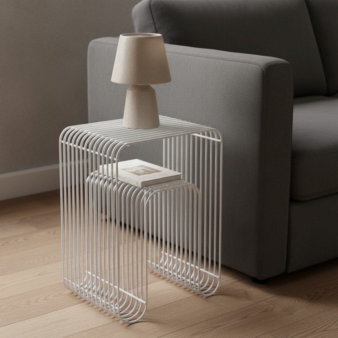 skølm Beistelltisch Vali als Hocker oder Bücherregal nutzbar (weiß), Couchtisch aus Metall, offenes Gitterdesign, Ablageregal 39x34x49 cm
