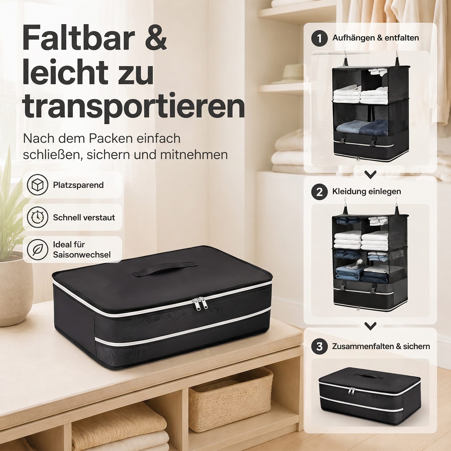 HEYHIPPO Kofferorganizer Hängende Kleideraufbewahrung 3 Ebenen, 43×29×50cm, Reißverschlussfach (Packung, Reise-Kleideraufbewahrung faltbar, für Schrank, Reise,  – Bild 5 von 5