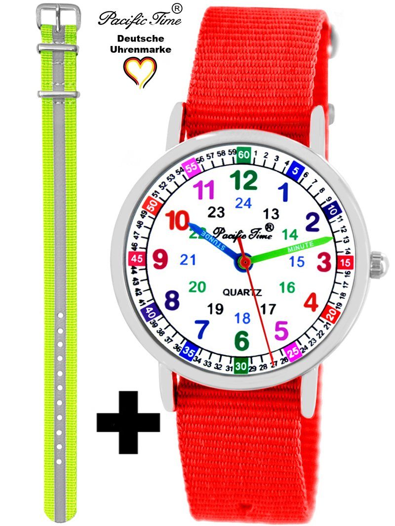Pacific Time Quarzuhr Set Kinder Armbanduhr Lernuhr Wechselarmband, Mix und Match Design - Gratis Versand rot und Reflektor gelb