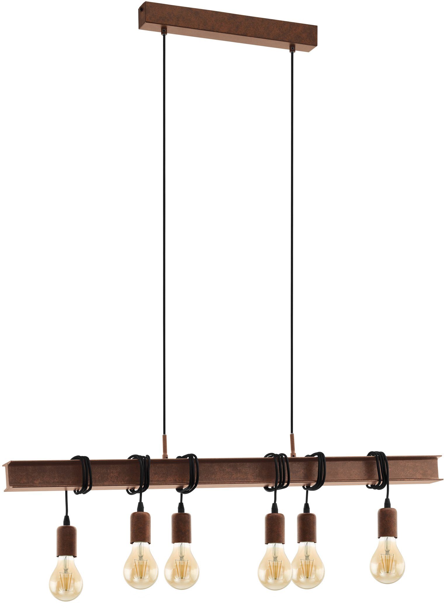 EGLO Pendelleuchte TOWNSHEND 4 Hängeleuchte, Stahl, Rostoptik, Retro, Vintage, E27, ohne Leuchtmittel, antik-braun, Metallbalken, Esszimmer, 6 flammig, 110x100,5x7cm