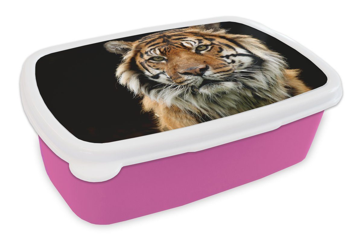 MuchoWow Lunchbox Tiger - Schwarz - Porträt, Kunststoff, (2-tlg), Brotbox für Erwachsene, Brotdose Kinder, Snackbox, Mädchen, Kunststoff rosa
