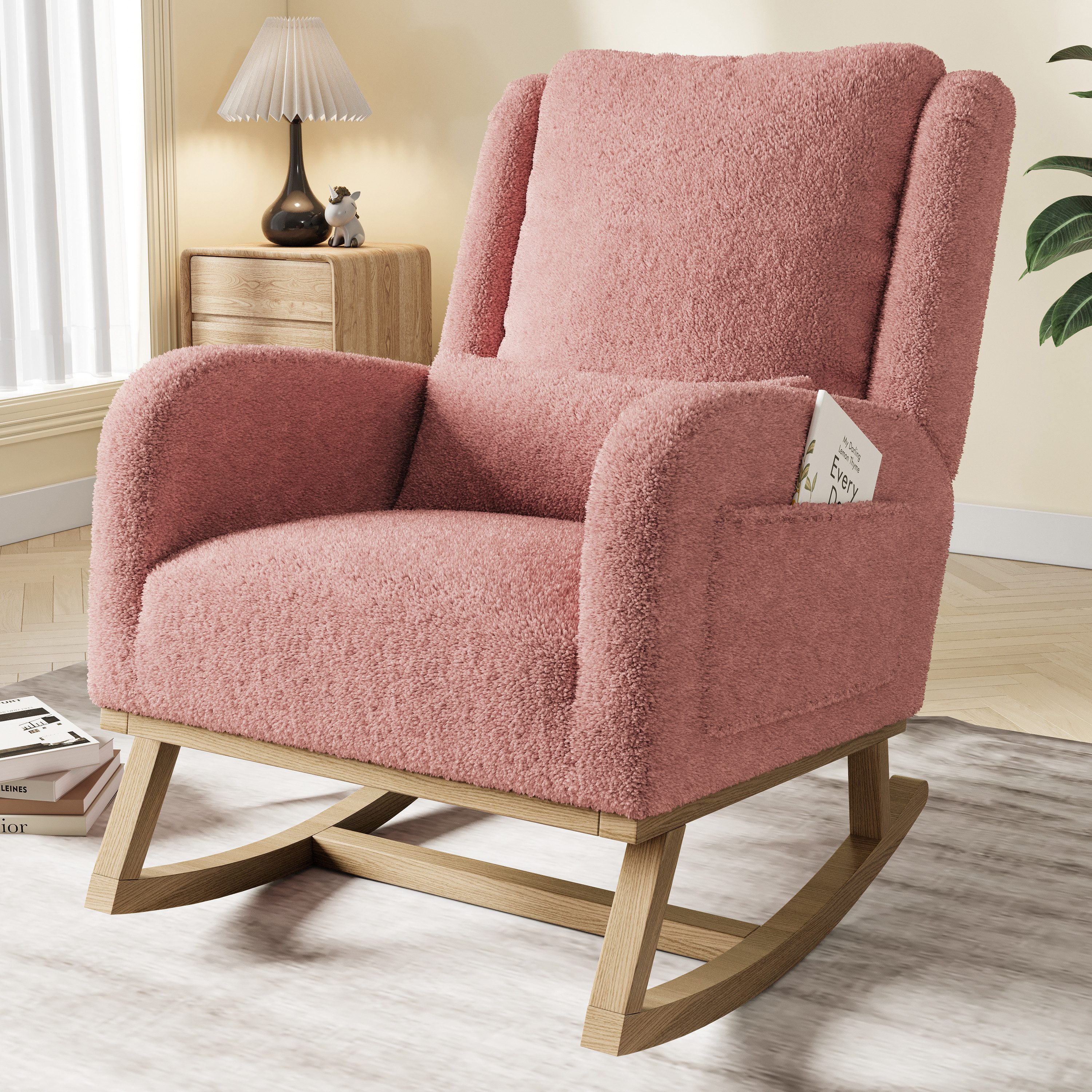 FUROKOY Schaukelstuhl Schaukelsessel mit Holzsockel und Rückenlehne (Set, 1 St), 2 Seitentaschen,1 Lendenkissen,Teddysamt,Rosa