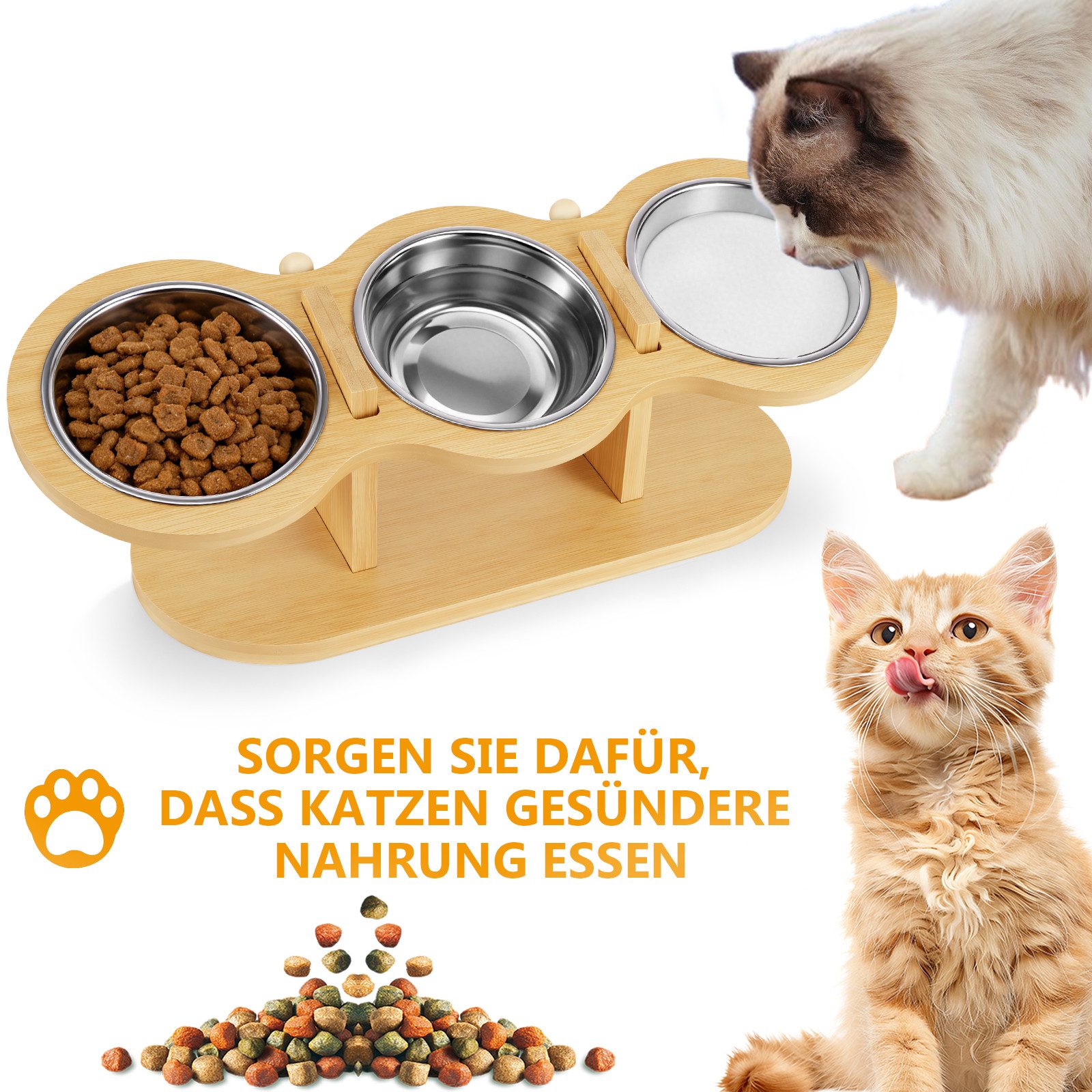 BlingBin Futternapf Katzennapf Erhöht Futterstation Katzen mit 3 Edelstahl Schüsseln, Edelstahl, 15° Gekippte Ergonomischer Futterstation Höhe Verstellbar Fressnapf