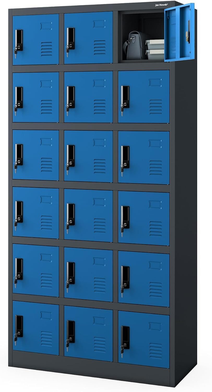 Jan Nowak Mehrzweckschrank Metall Schließfachschrank 90 cm KAROL 18 Fächer abschließbar (0,6 mm 185 x 90 x 40 cm Lüftungsschlitze Wandmontage robust)