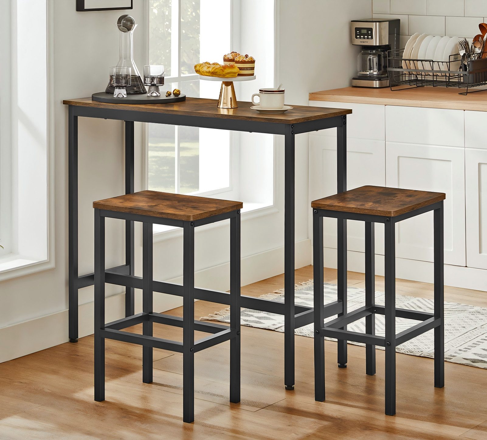 VASAGLE Bartisch Essgruppe, Industrie-Design, mit Barhocker Set, mit 2 Stühlen, Stahlgestell