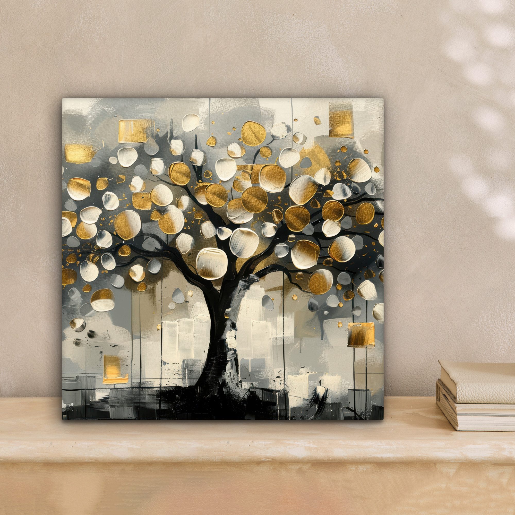OneMillionCanvasses® Leinwandbild Baum - Abstrakt - Beige - Gold - Schwarz, Fotodruck (1 St), Wandbild, Deko Schlafzimmer Wohnzimmer Flur 20x20 cm