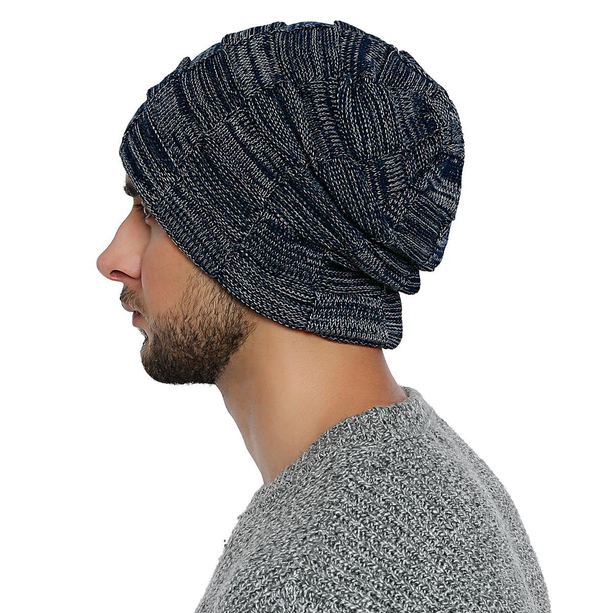 Teddyfleece mit nachtblau-weiß Wintermütze, DonDon long Beanie (Packung, Slouch Herren Flechtmuster 1-St) und Beanie Winter