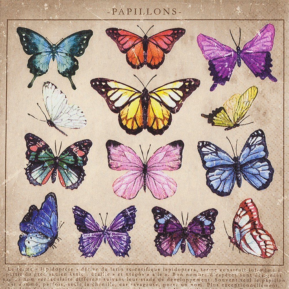 HOME FASHION Papierserviette 20 Servietten Papillons - Sammlung an Schmetterlinge 33x33cm, (20 St)