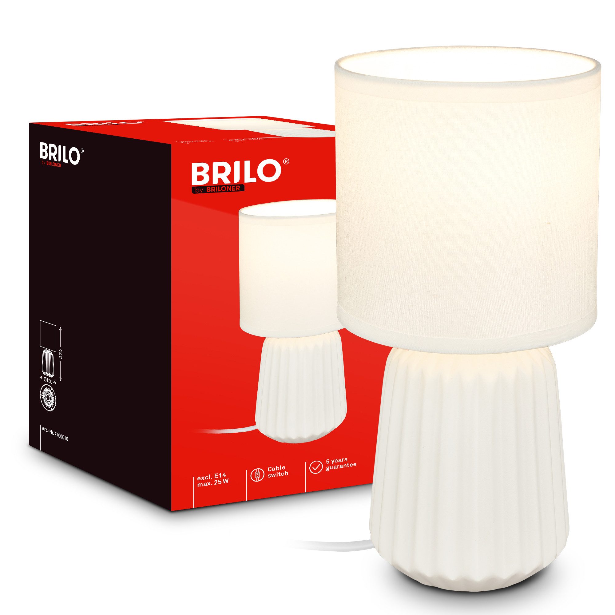Briloner Leuchten LED Tischleuchte Tischlampe Keramik E14 Stoffschirm Kabelschalter Kommodenlampe, ohne Leuchtmittel, Abhängig vom Leuchtmittel, 13x27 cm, Schlafzimmer, Wohnzimmer, Flur