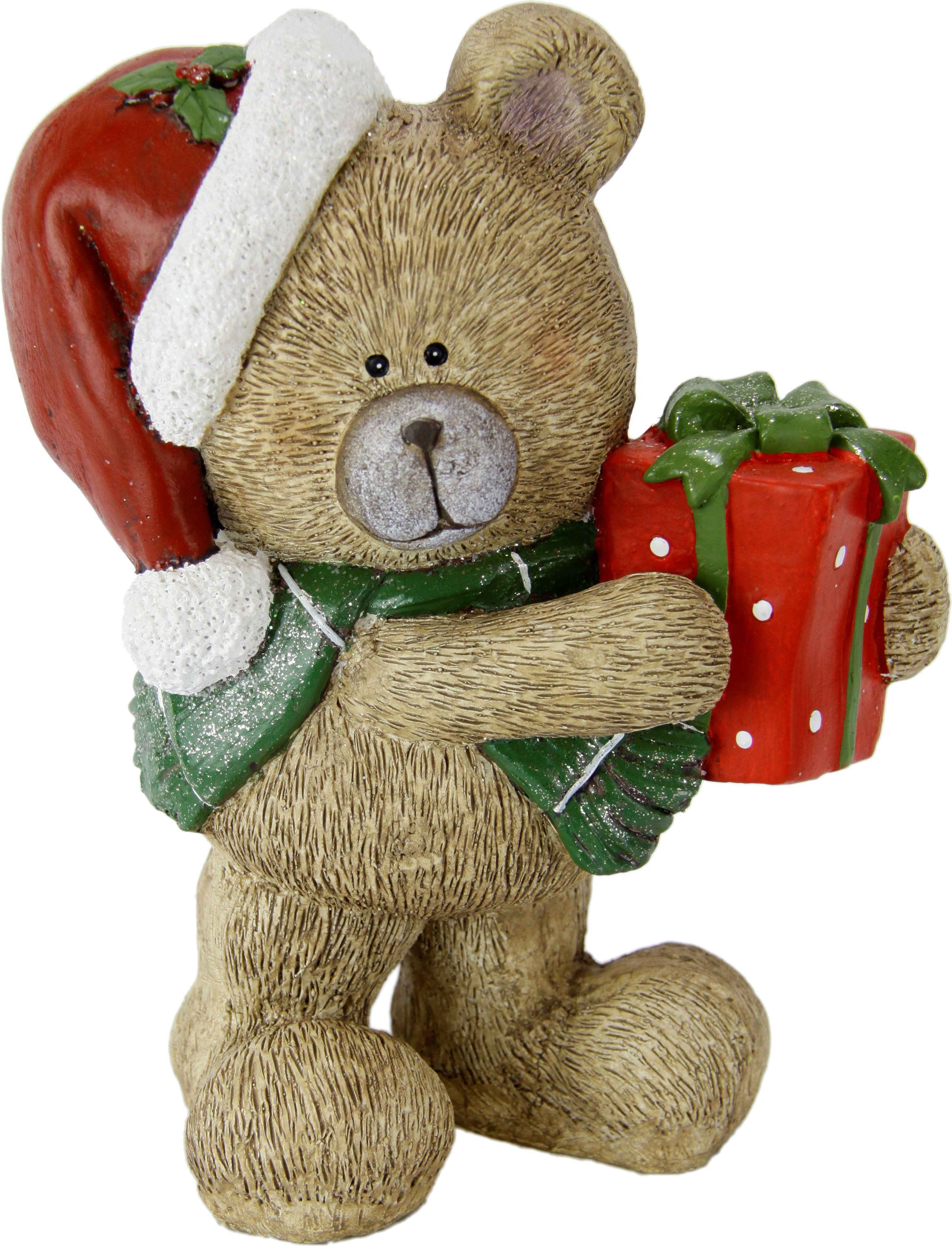 I.GE.A. Dekofigur Bär mit Geschenk, Figur Statue Weihnachtsfigur Ornament Weihnachtsdeko Adventskränze