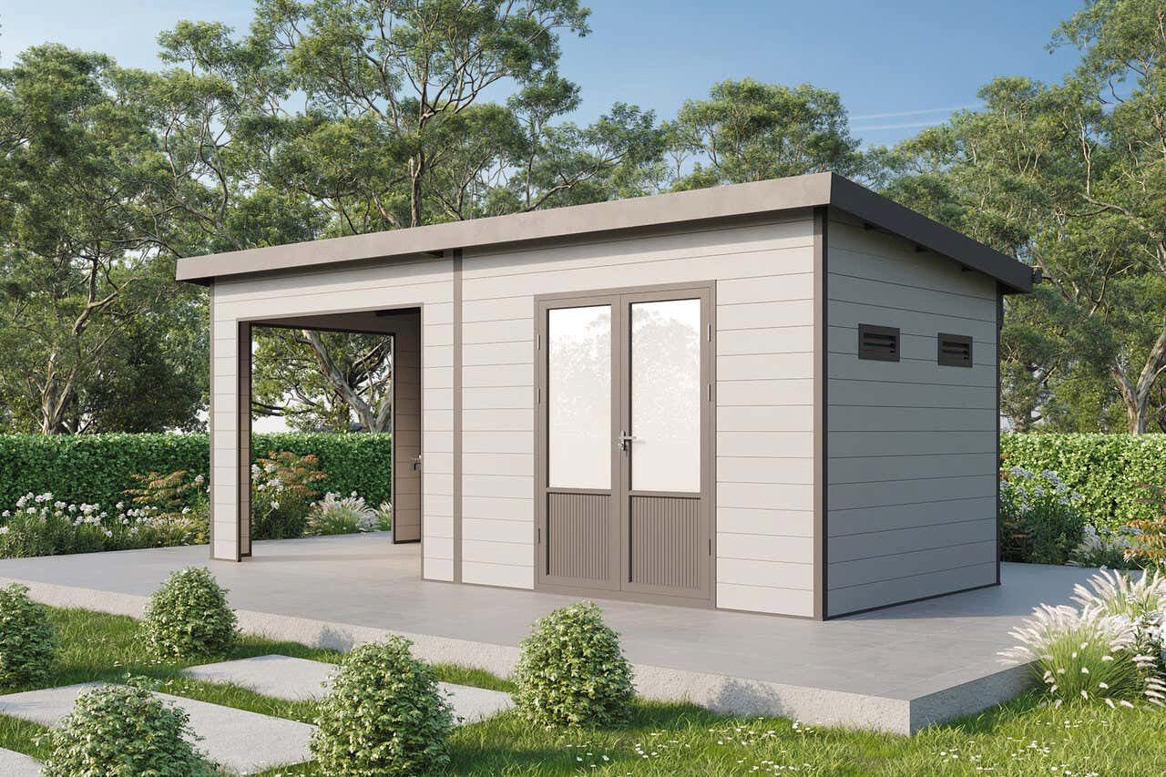 Finnhaus Wolff Gerätehaus Holz WPC Tona 6024 28 Hellgrau, BxT: 594x277 cm, in Naturbelassen mit 28mm Wandstärke