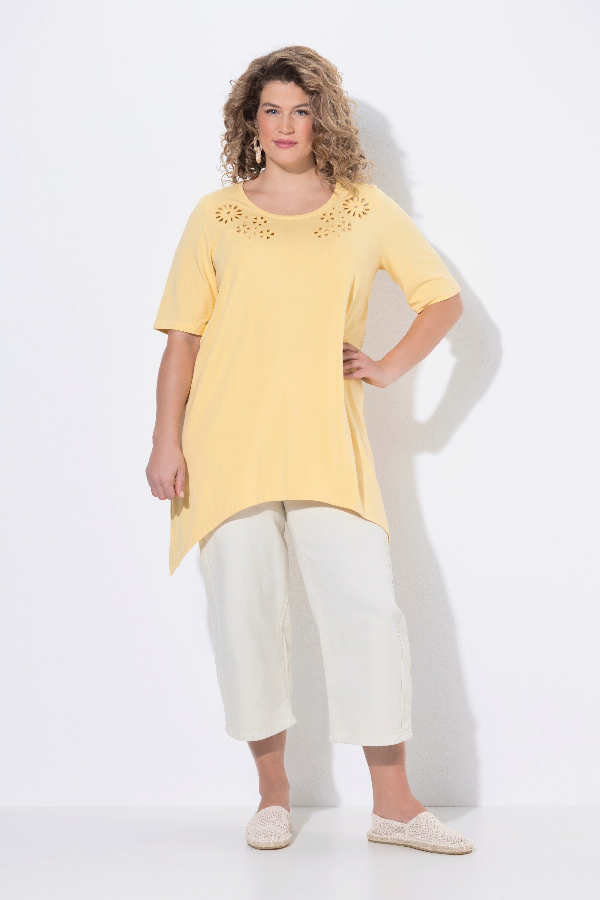 Ulla Popken Longshirt T-Shirt Lochstickerei Rundhals Halbarm