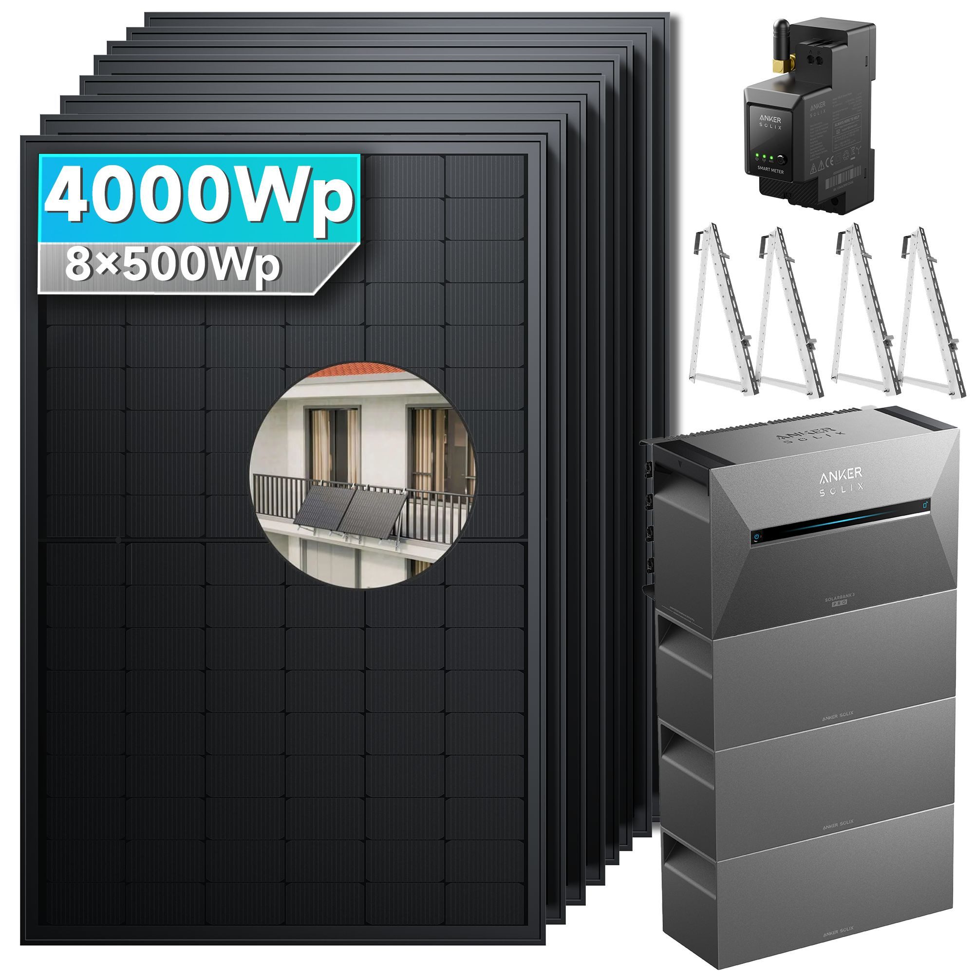 SolarMars Solaranlage 4000W Balkonkraftwerk mit Speicher Anker Solix Solarbank 3 E2700 Pro, (mit optionaler BP2700 Erweiterungsakku), mit intelligenter KI zur dynamischen Überwachung des Stromverbrauchs