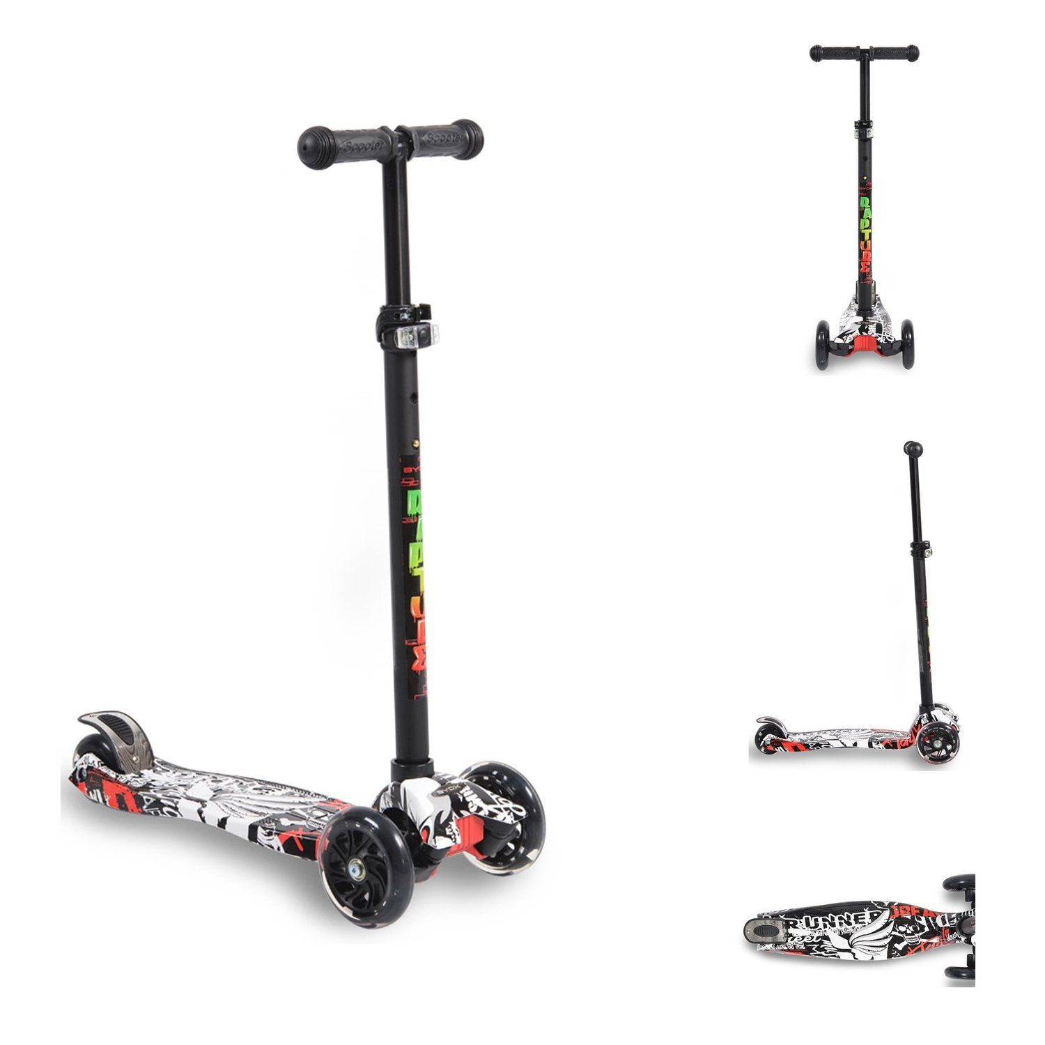 Byox Cityroller Kinderroller schwarz Wassertransferdruck, Aluminium, aus Alu, PU Leuchträder Rapture