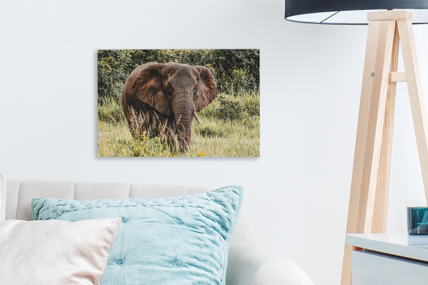 OneMillionCanvasses® Leinwandbild Elefant - Wandbild Wanddeko, (1 cm - Natur St), Leinwandbilder, Gras, 30x20 Aufhängefertig