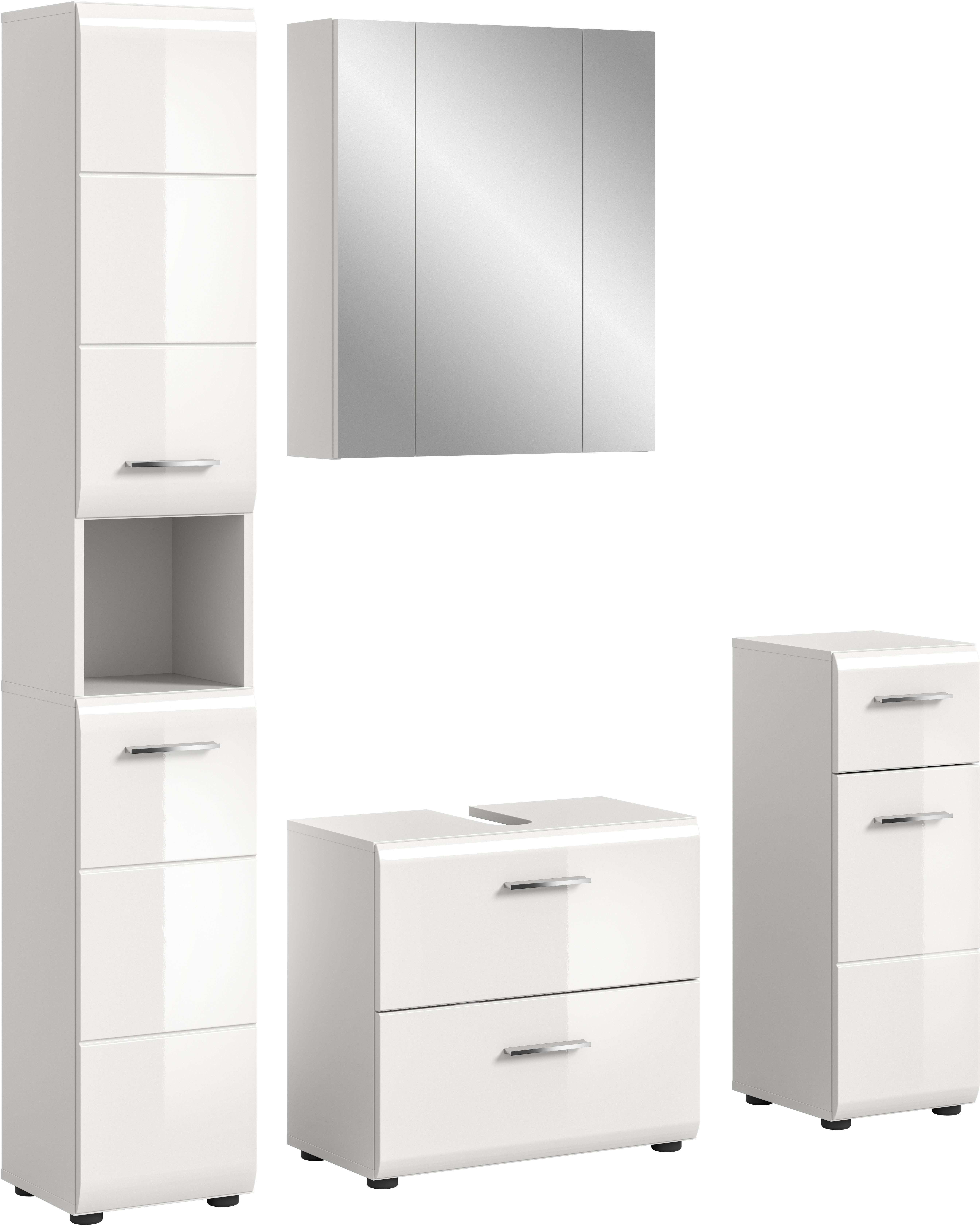 welltime Badezimmer-Set, (Set, 4-St., Hochschrank, WBU, Spiegelschrank, Standschrank hoch), Bad-Kombination, Bad-Möbel, Badezimmer, Kombination, Kombi