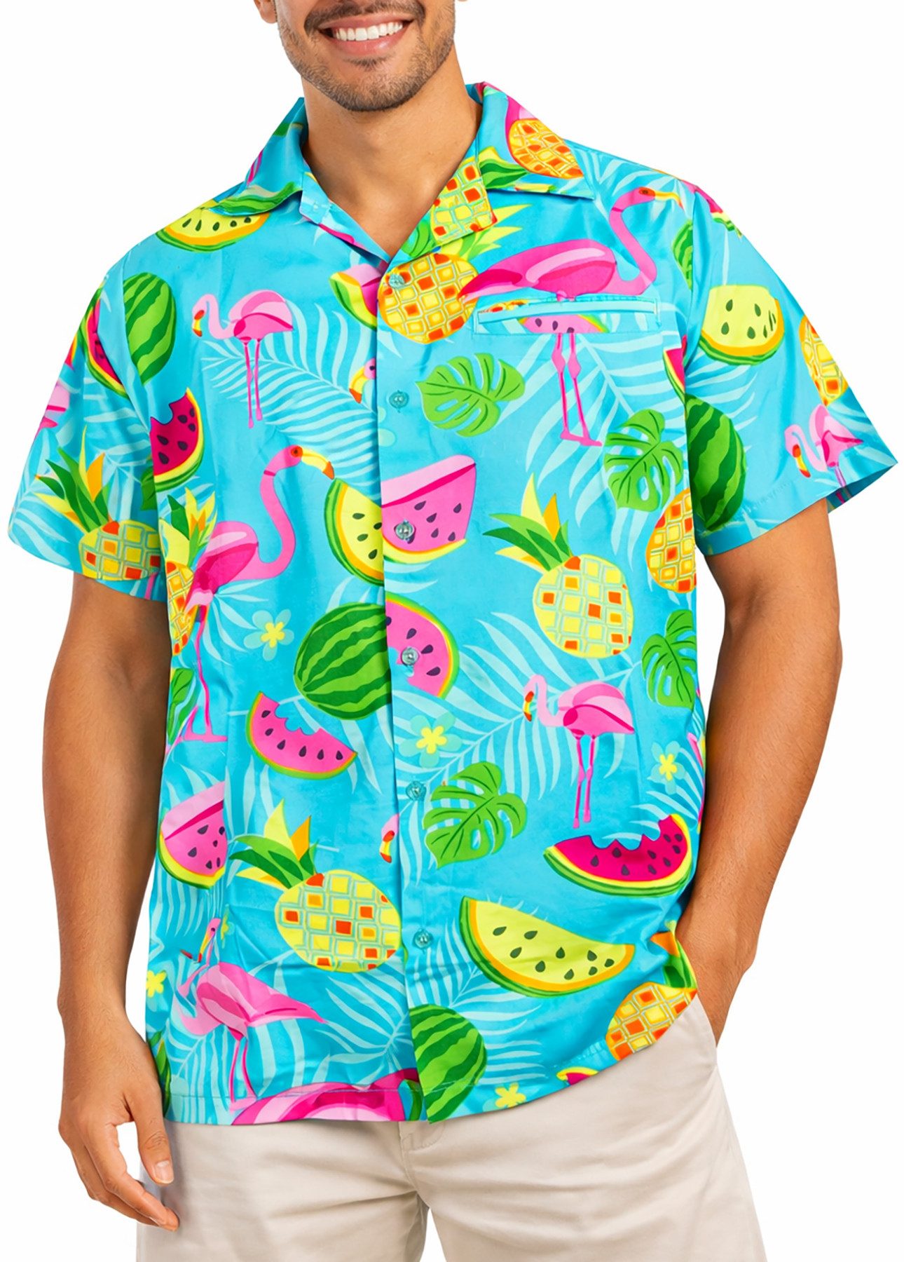 King Kameha Hawaiihemd "Flamingo Melone" Funky Hawaiihemd Herren Kurzarm Fronttasche Stylish