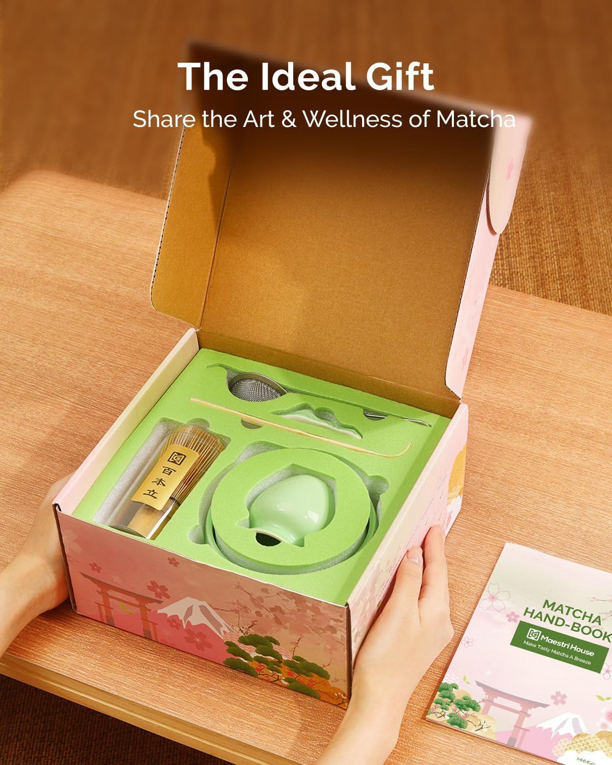 Maestri House Teeservice Matcha Besen Set Geschenkset 7-Teilig Japanisches Matcha Zubehör Set, Bambus, mit Ausgießer-Schale, Bambus Chasen & Halter
