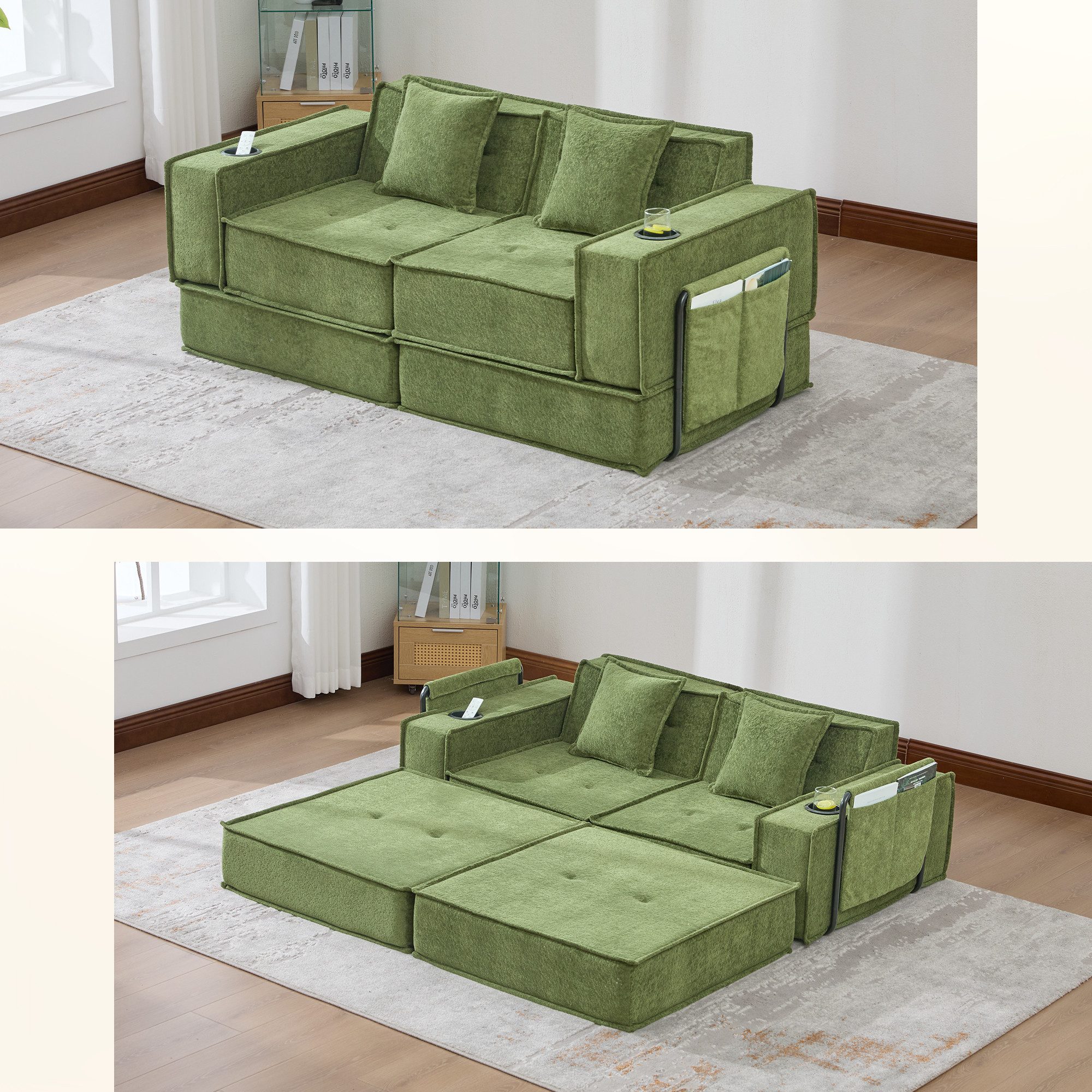 HAUSS SPOLE Schlafsofa mit Kissen,Doppelschlafsofa Zweisitzer Getränkehaltern für Spielzimmer, Pouf-Sofa mit integriertem Stauraum und Loungefunktion, Ergonomische Sitzunterstützung und Stabile Rahmenstruktur