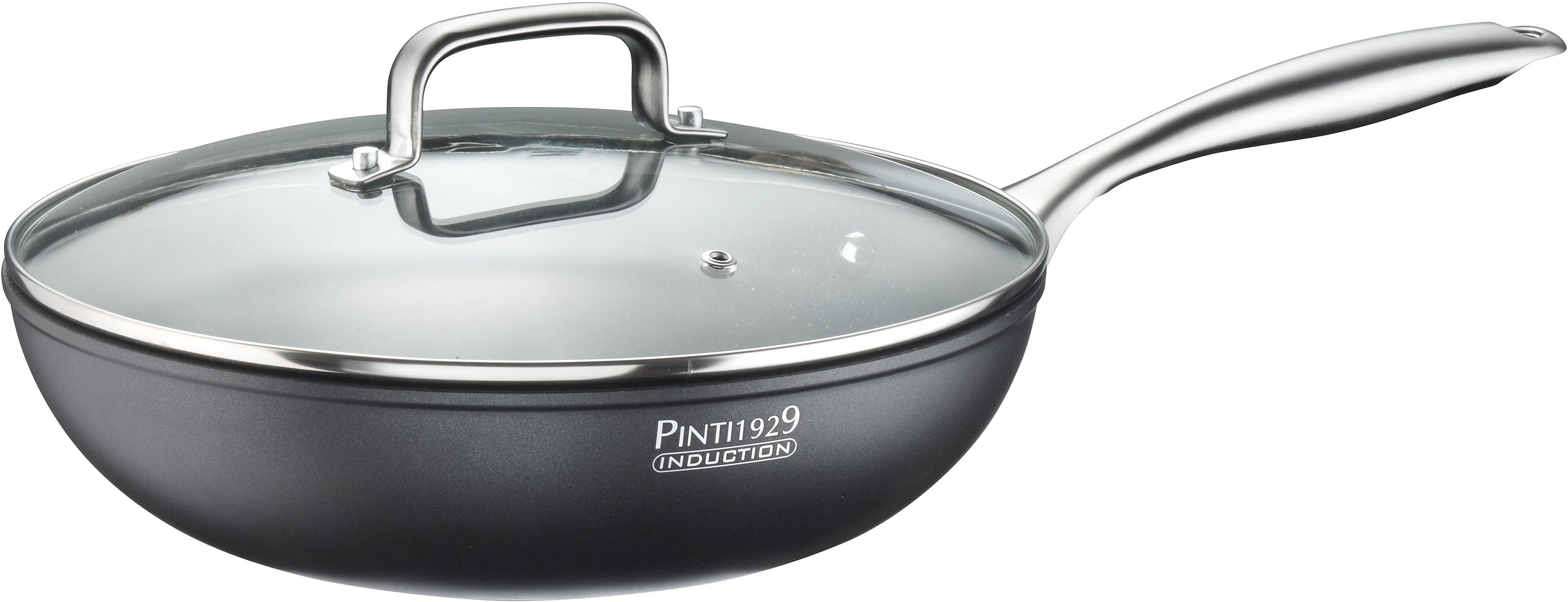 PINTINOX Wok ST1, Aluminium, 3-lagige Antihaftbeschichtung, inkl. Glasdeckel, Ø 28 cm, Induktion | Woks