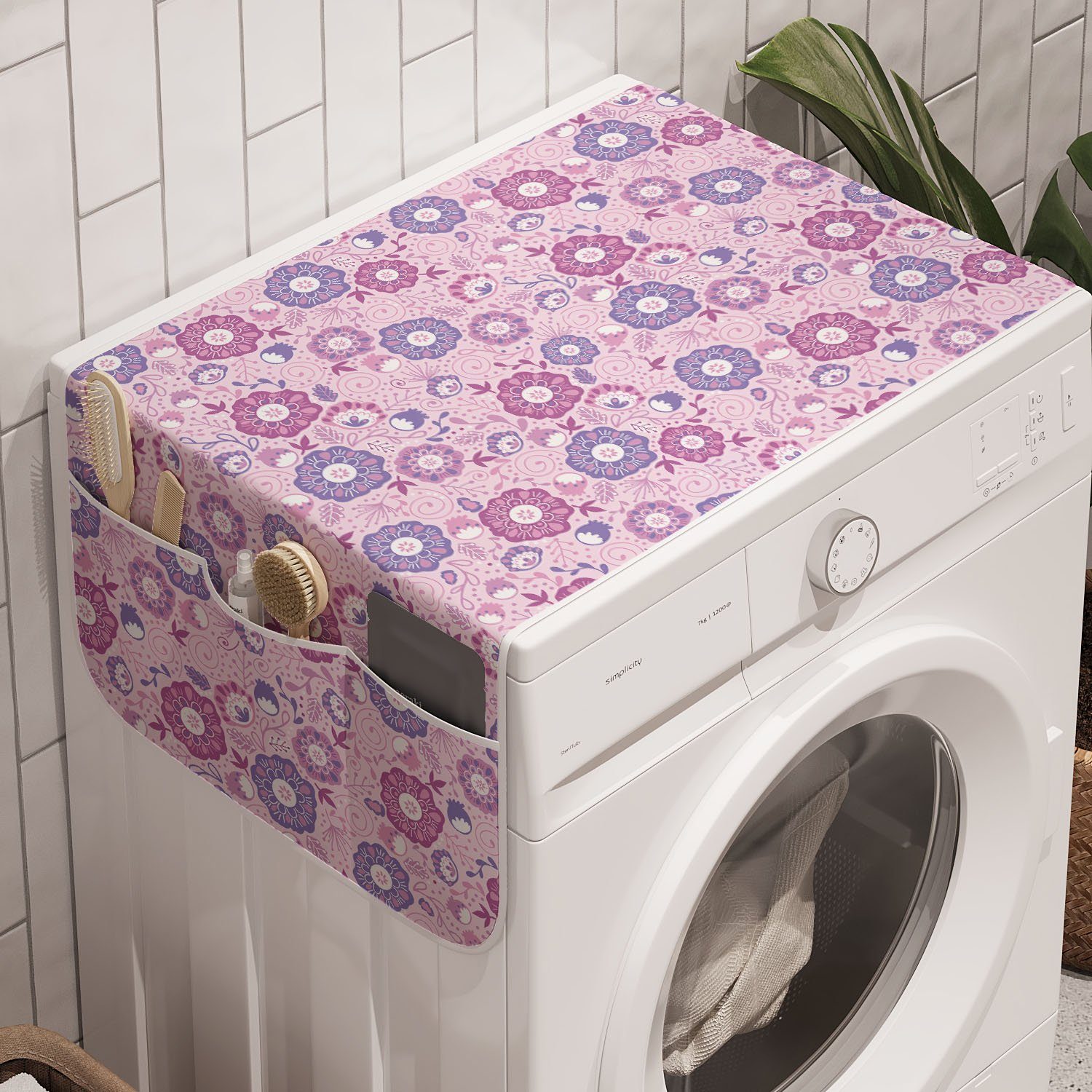 Abakuhaus Badorganizer Anti-Rutsch-Stoffabdeckung für Waschmaschine und Trockner, Blumen Blütenblätter Motiv Retro