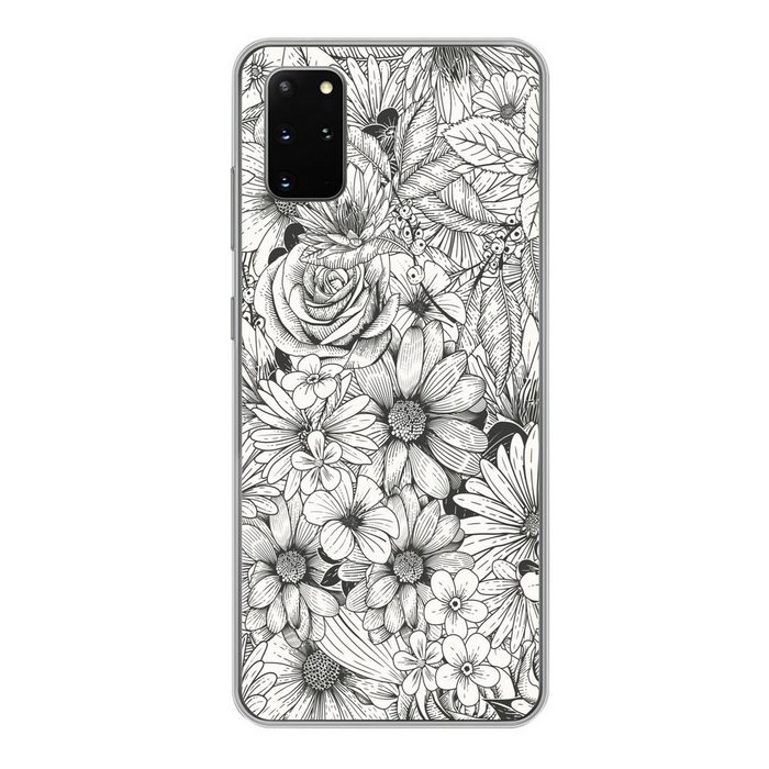MuchoWow Handyhülle Eine schwarz-weiße florale Illustration Phone Case Handyhülle Samsung Galaxy S20 Plus Silikon Schutzhülle