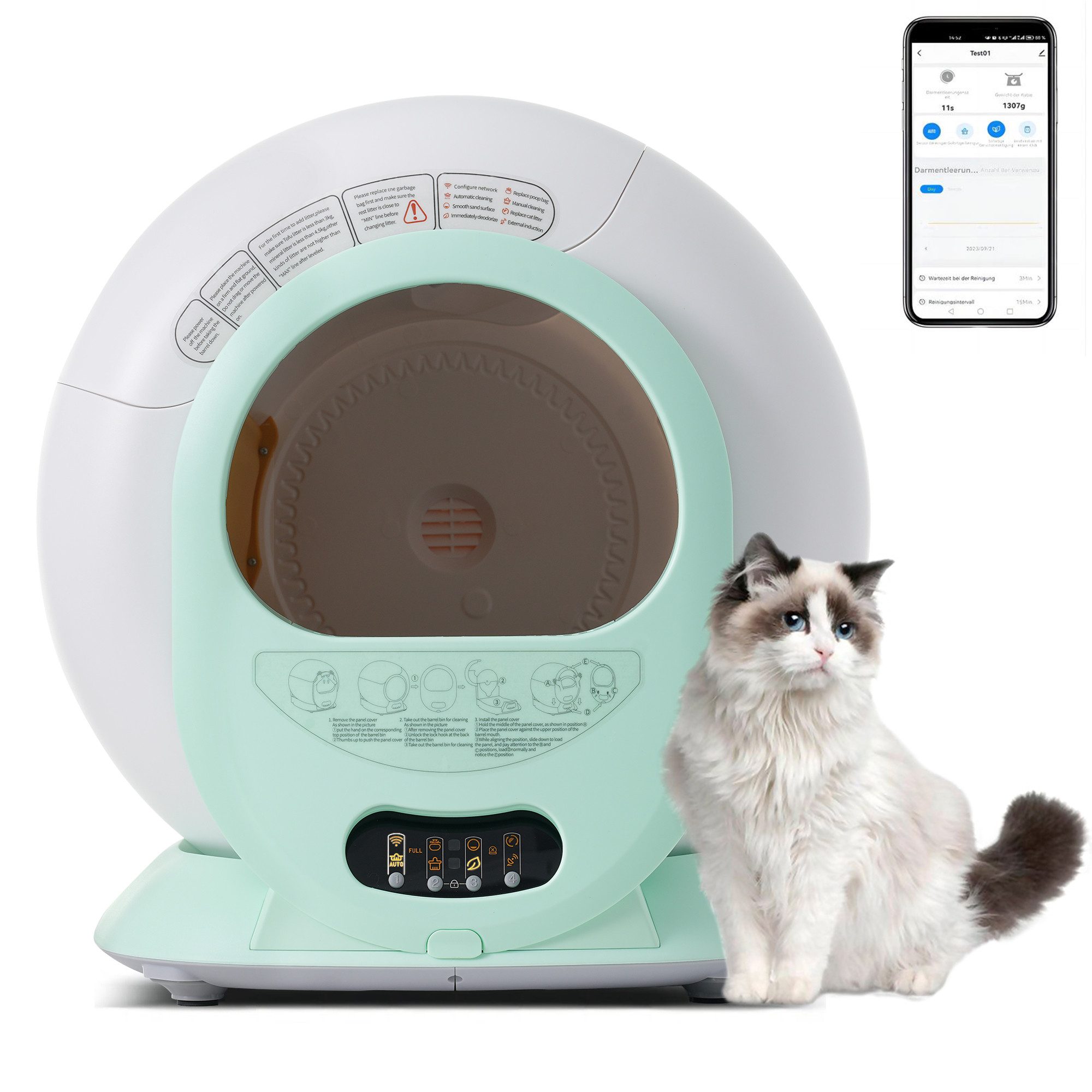 Katzentoilette 65L Selbstreinigende Katzentoilette, mehrere Katzen, eliminiert Geruch