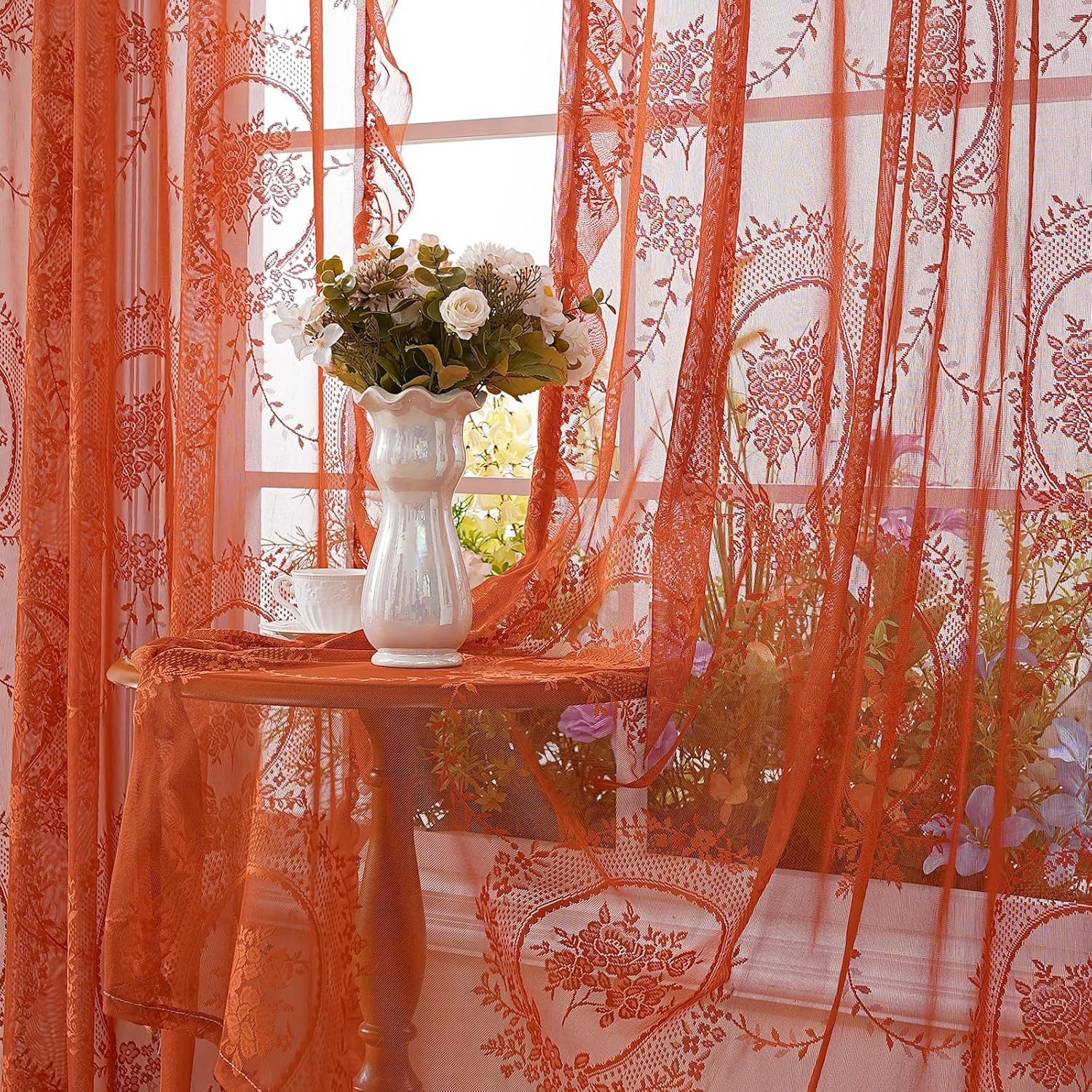 Coonoor Gardine Spitzenvorhänge, Vintage Blumenstickerei Vorhang mit Rüsche günstig online kaufen