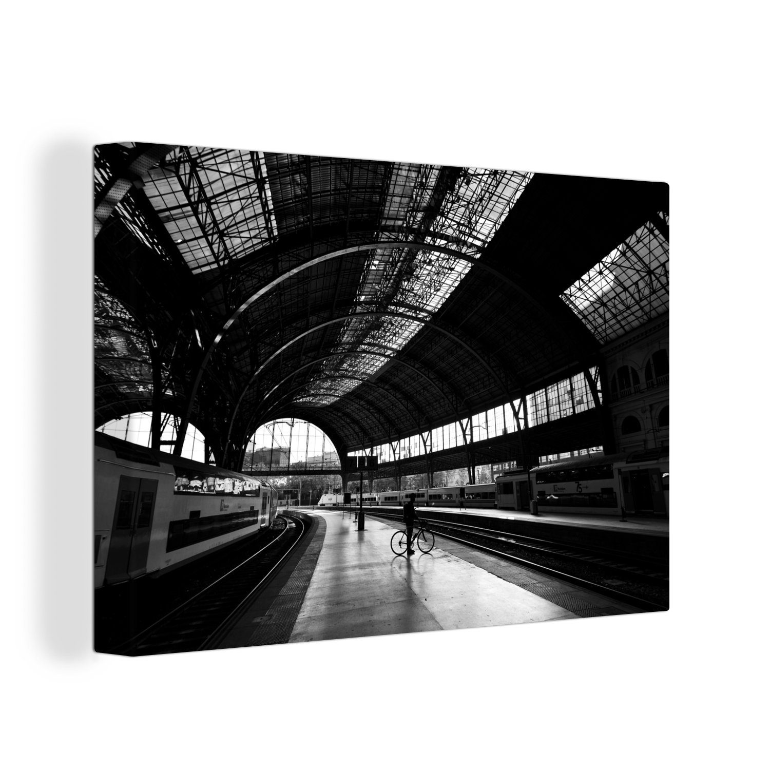 30x20 eines (1 Barcelona, Bahnhofs Schwarz-Weiß-Fotografie Wanddeko, Wandbild Leinwandbilder, St), Leinwandbild OneMillionCanvasses® cm in Aufhängefertig,