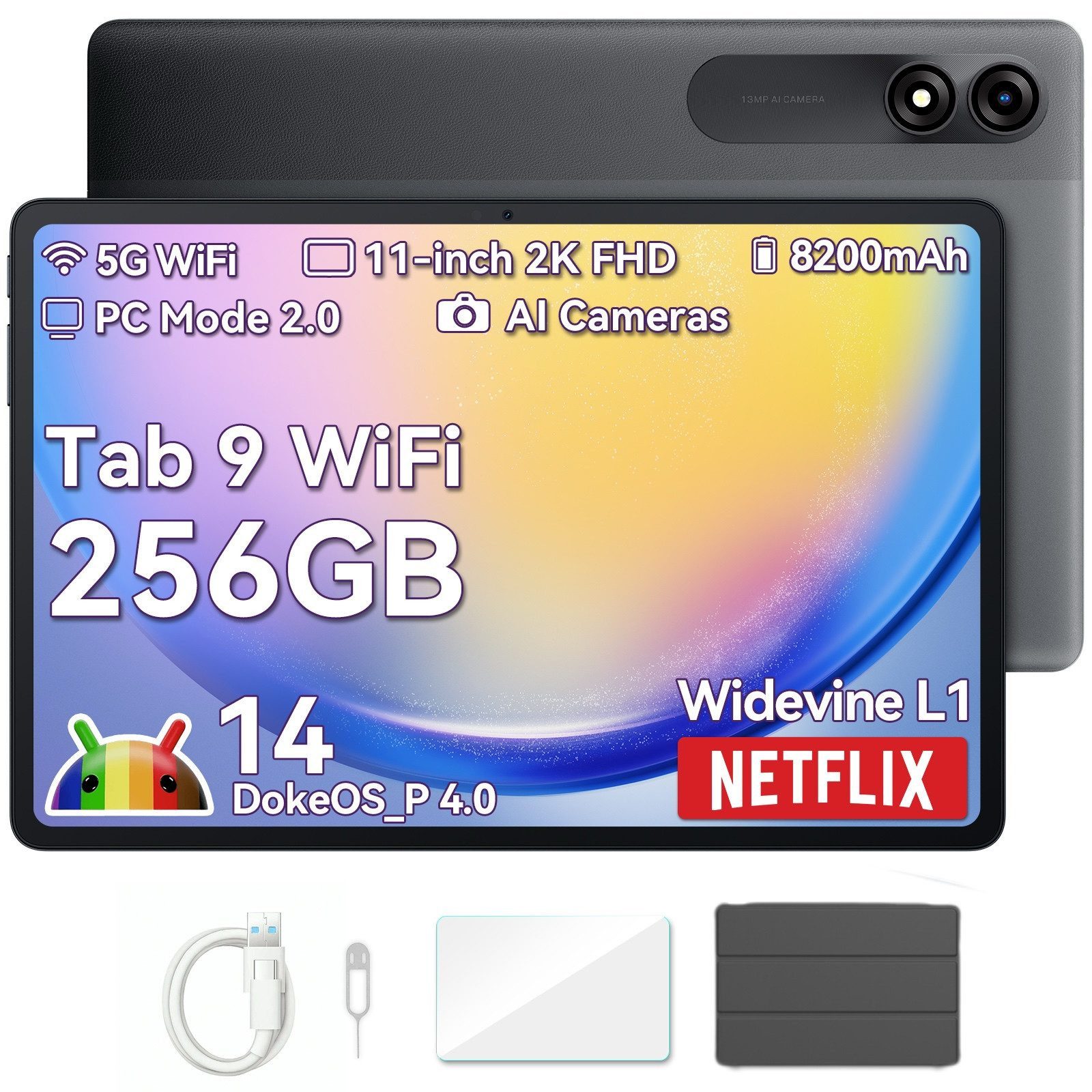 blackview Tab9Wifi FHD 2025 incl. Hülle Tablet (11", 256 GB, DokeOS_P 4.0, Android 14, FHD, 8200 mAh, Face ID, Dual-Box)