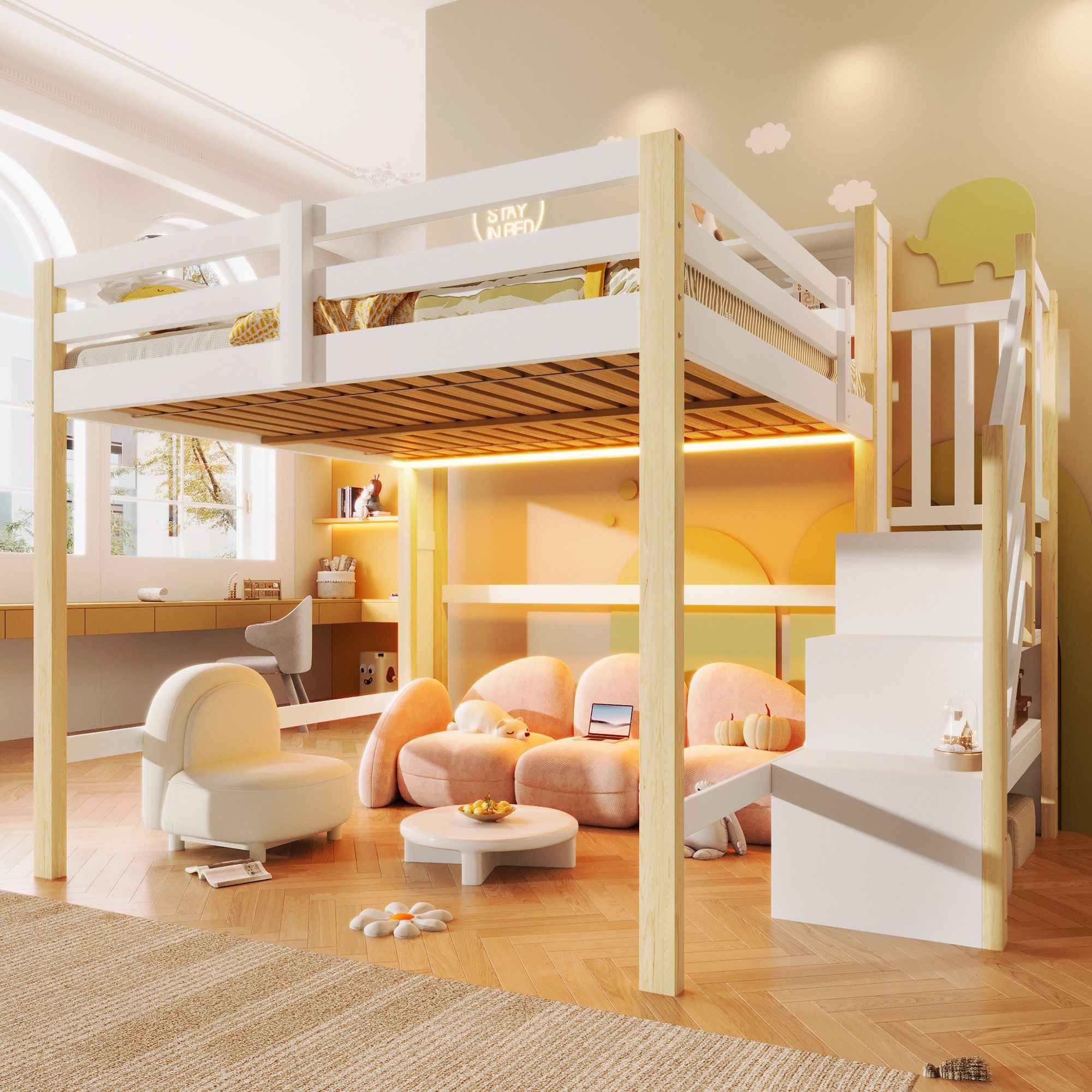 Merax Hochbett mit LED-Beleuchtung (1-St., Massivholz Jugendbett Einzelbett) Kinderbett 140x200cm mit Stauraumtreppe, Lagerregalen & Staufächern